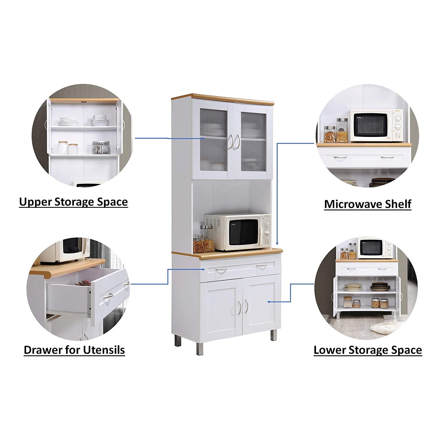Hodedah HIK92 Kitchen China Cabinet with Transparent Doors and 4 Shelves, White