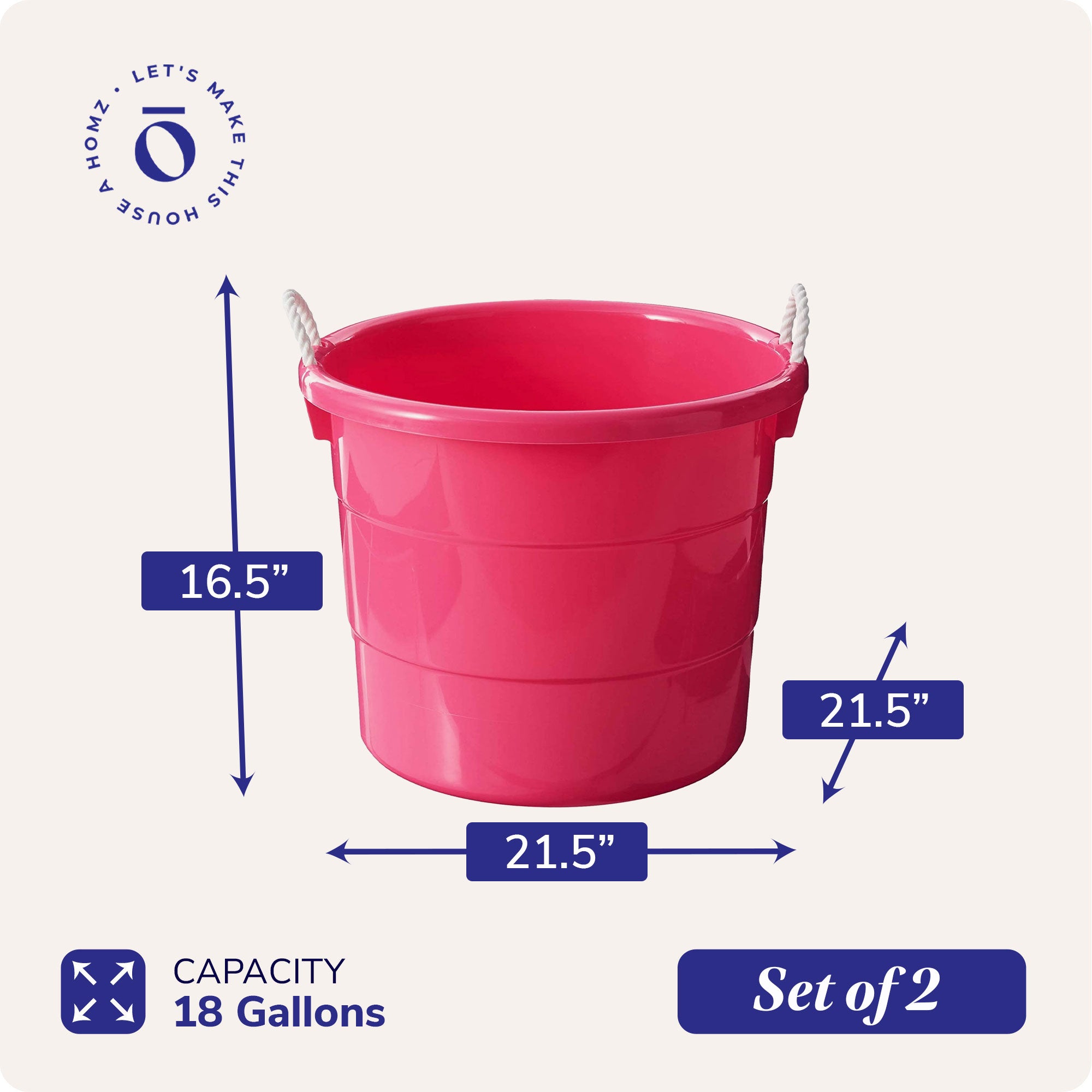 Homz Plastic 18 Gal Storage Bucket Tub w/ Rope Handle, Pink (2 Pack) (Open Box) - VMInnovations