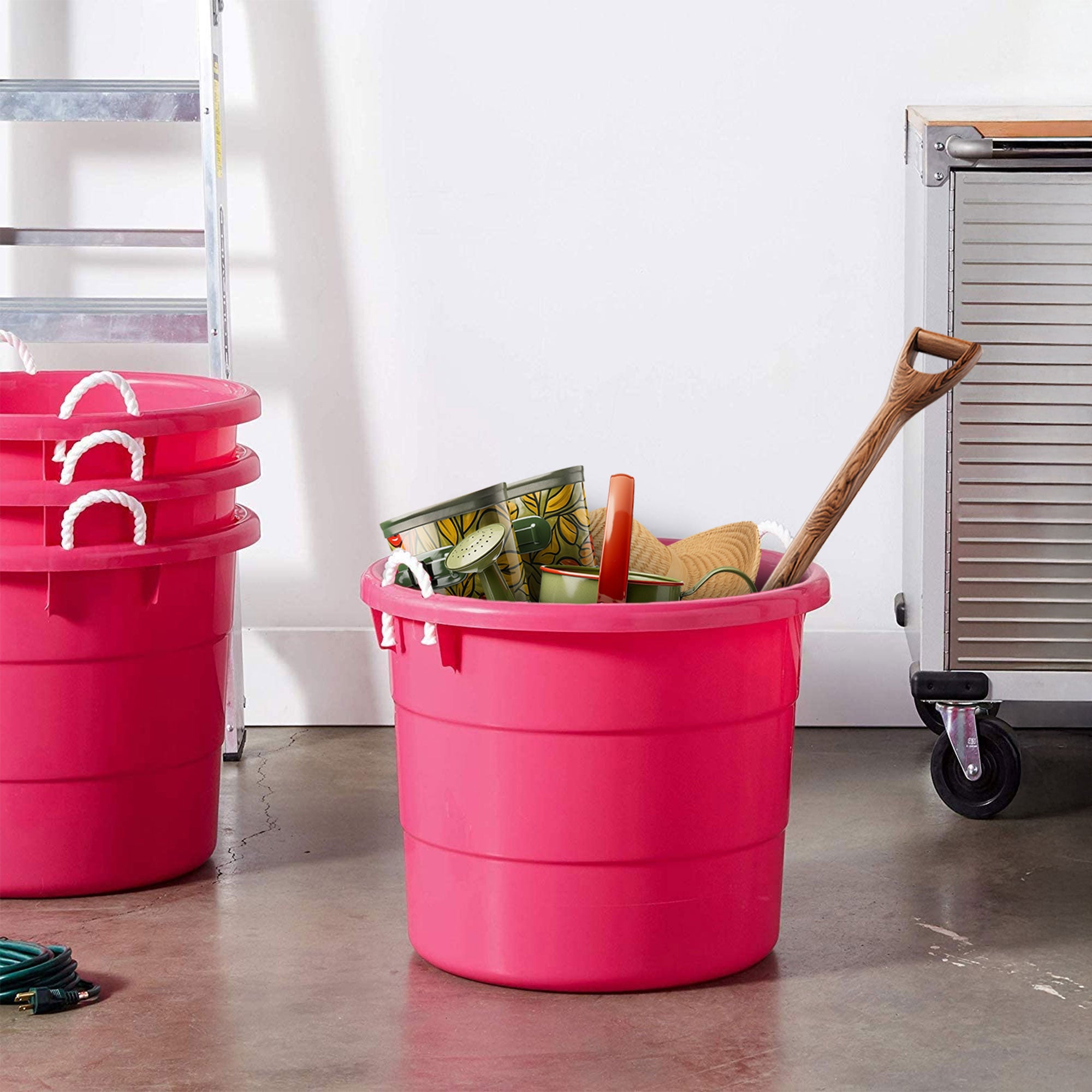 Homz Plastic 18 Gal Storage Bucket Tub w/ Rope Handle, Pink (2 Pack) (Open Box) - VMInnovations