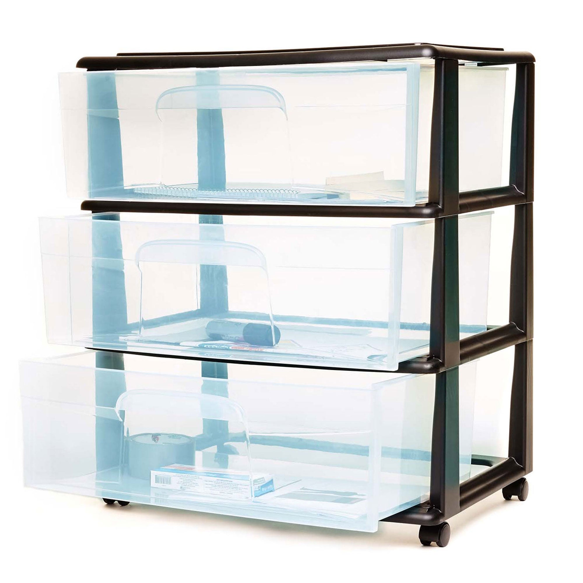 Tall Solid Plastic 3 Drawer Medium Storage Cart w/ Caster Wheels, Black (Used) - VMInnovations