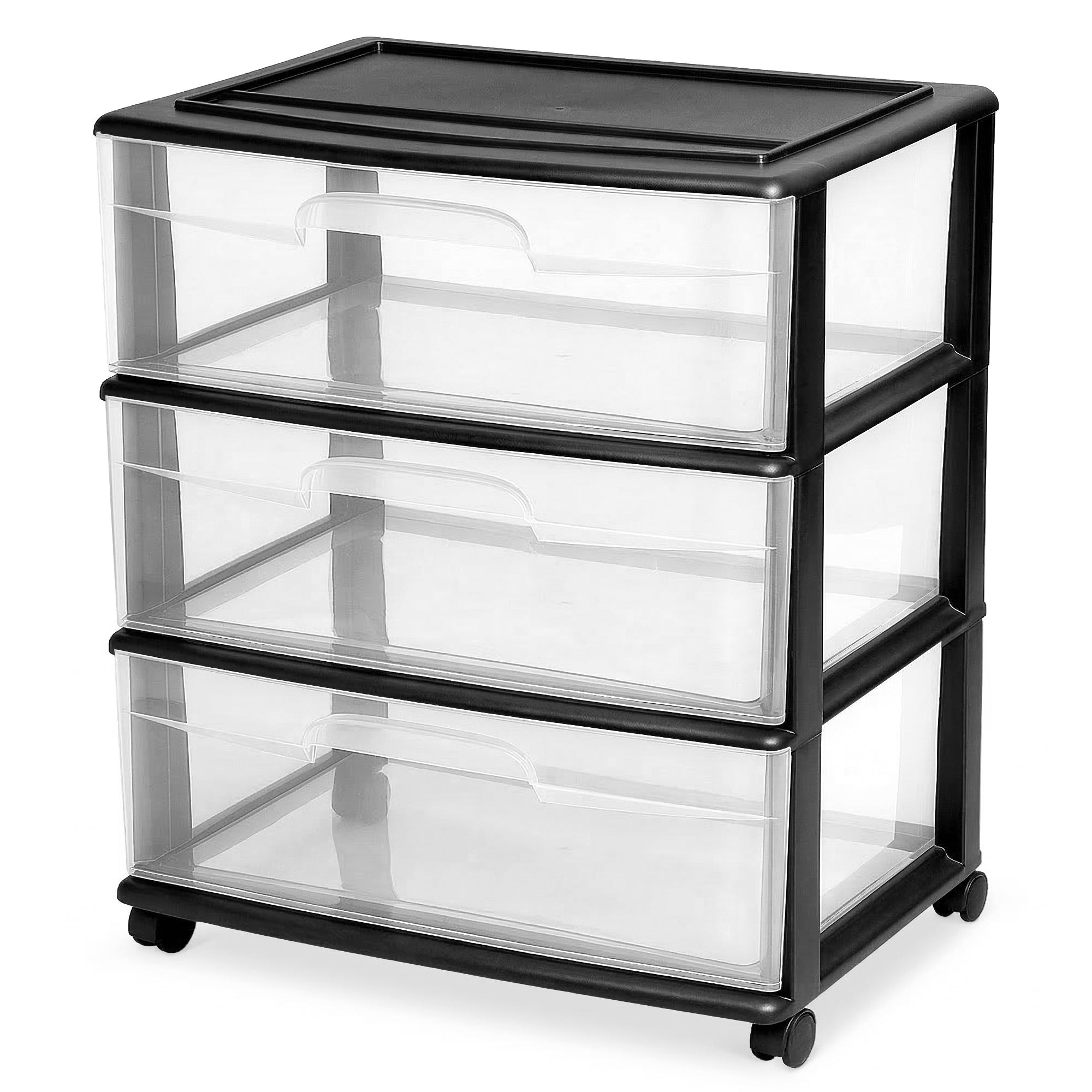 Homz Tall Solid Plastic 3 Drawer Medium Storage Cart with Caster Wheels, Black