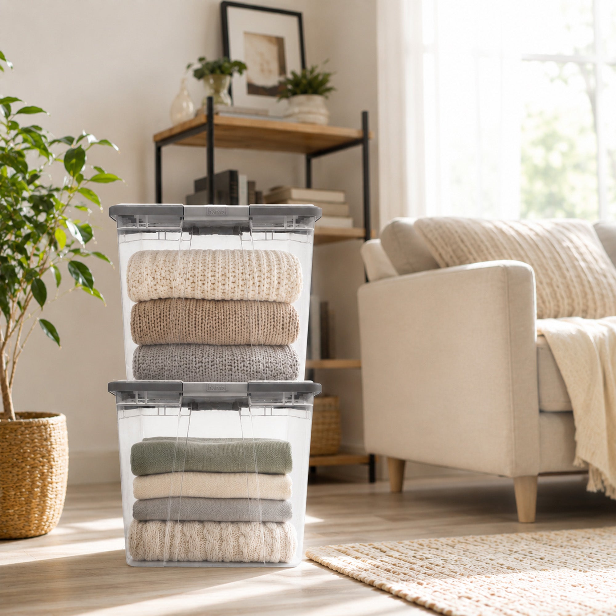 Homz 64Qt Stackable Plastic Storage Bin Container Box w/Latch Lid, Gray (2 Pack)
