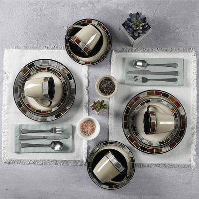 Gibson Elite Casa Roja 16 Piece Plates, Bowls, & Mugs Dinnerware Set, Cream/Red