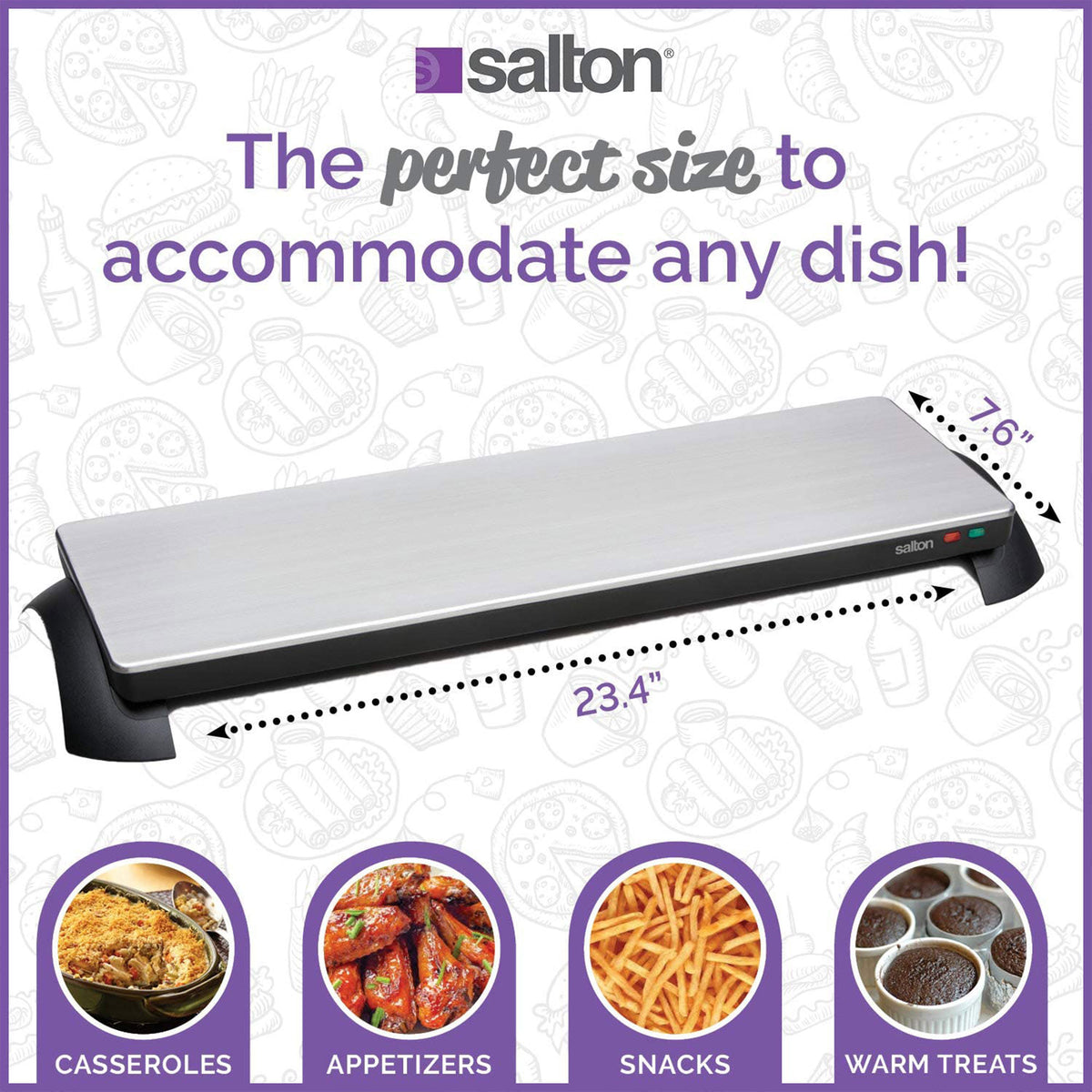 Salton 23.75 x 7.75 Inch Stainless Steel Cordless Warming Tray Hot Plate, Medium