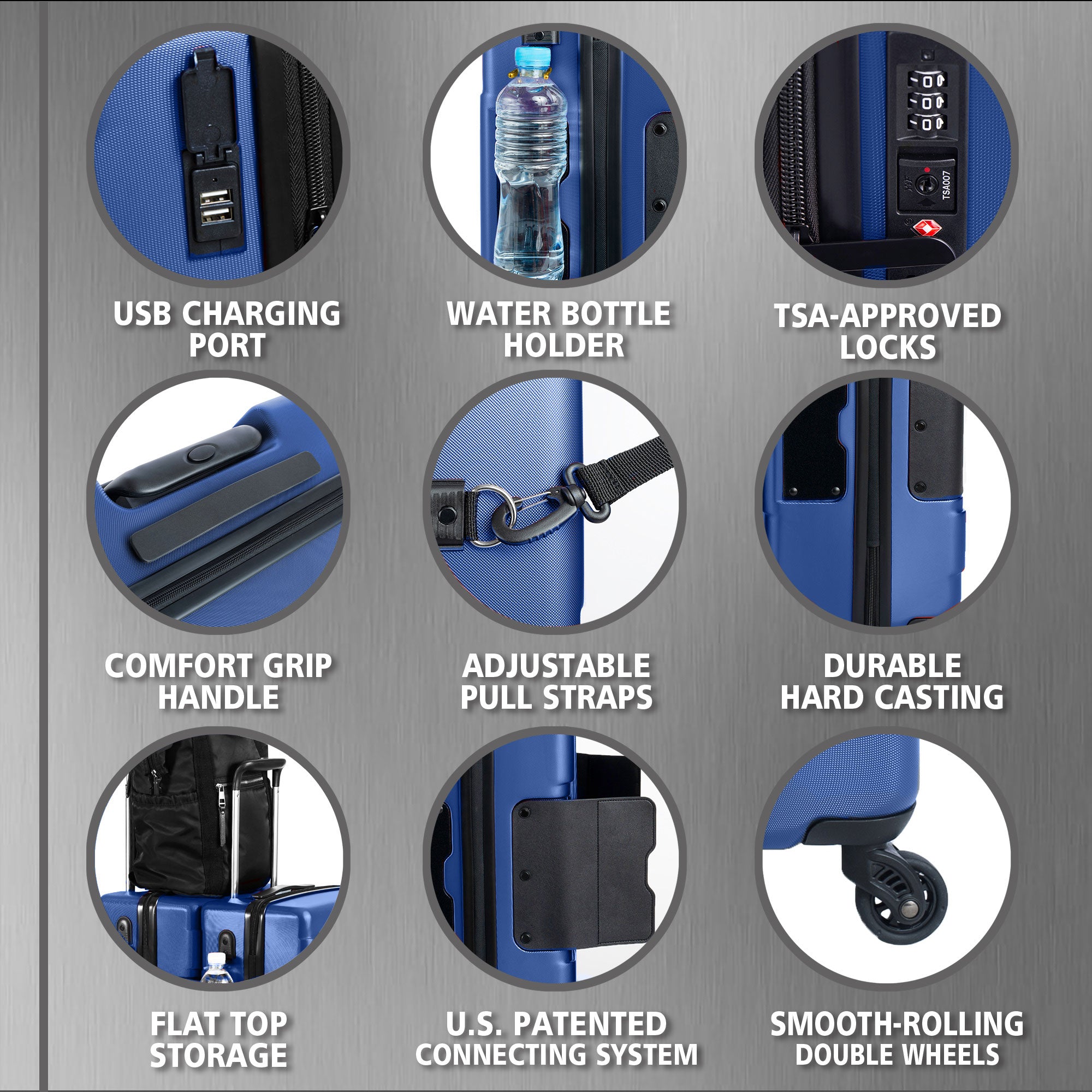 Connectable Hard Shell Carry On Spinner Suitcase Luggage, Midnight Blue (Used) - VMInnovations