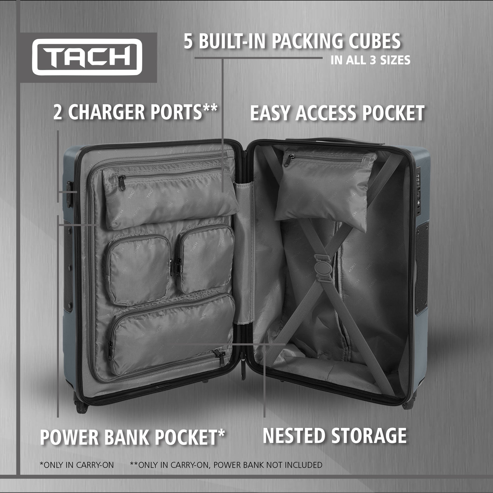 TACH V3 Hard Shell Carry On Rolling Suitcase Luggage w/ Wheels, Gray (Open Box) - VMInnovations