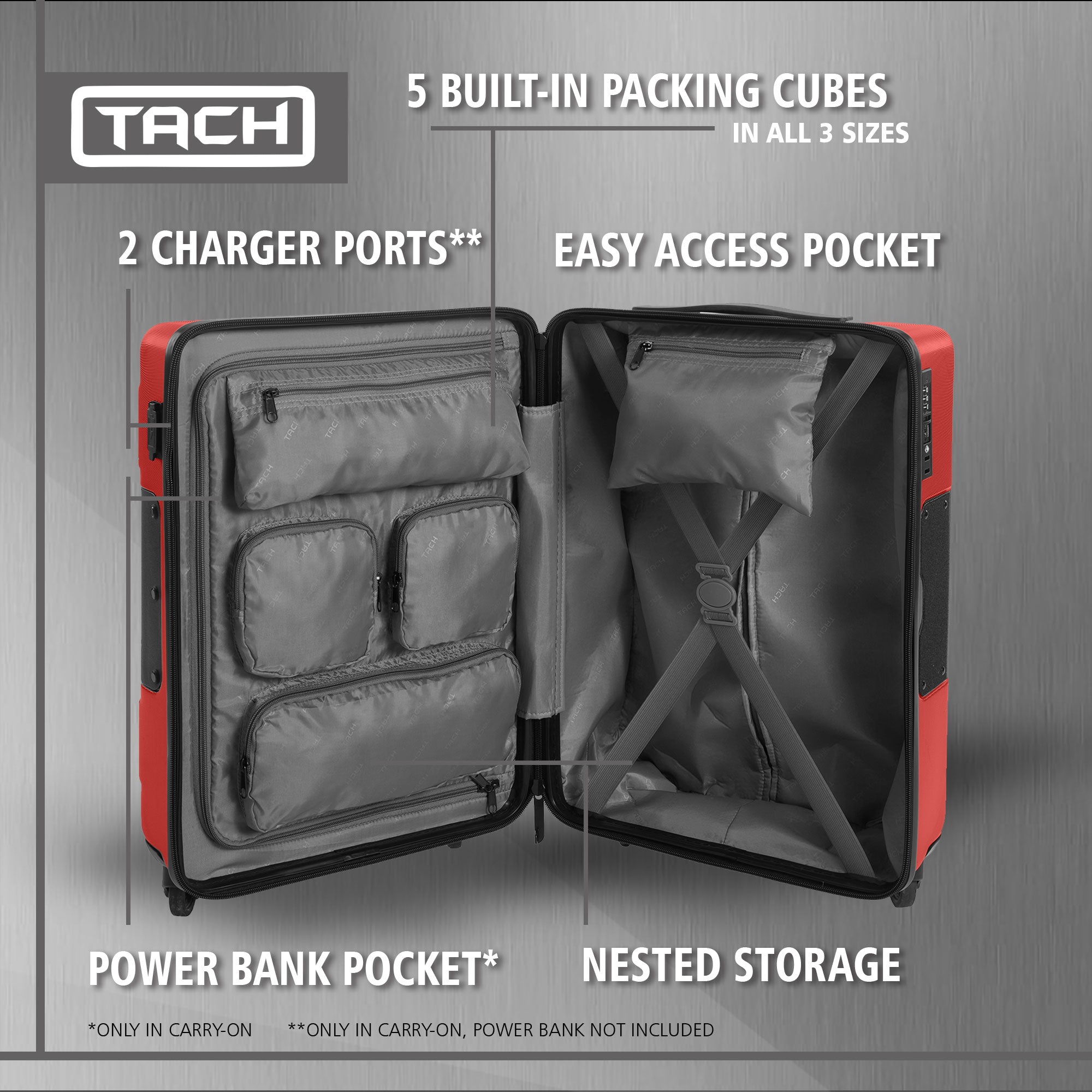 TACH V3 Connectable Hard Shell Carry On Travel Suitcase Luggage, Red (Open Box) - VMInnovations