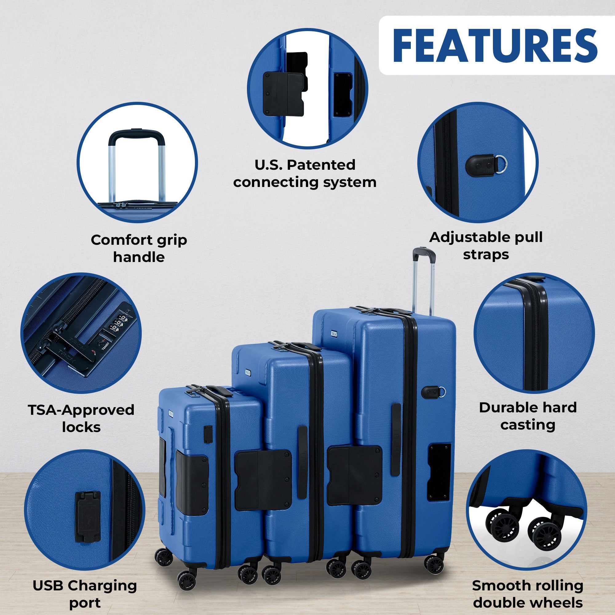 TACH V3 3 Pc Hard Shell Rolling Suitcase Luggage Set, Midnight Blue (Open Box) - VMInnovations