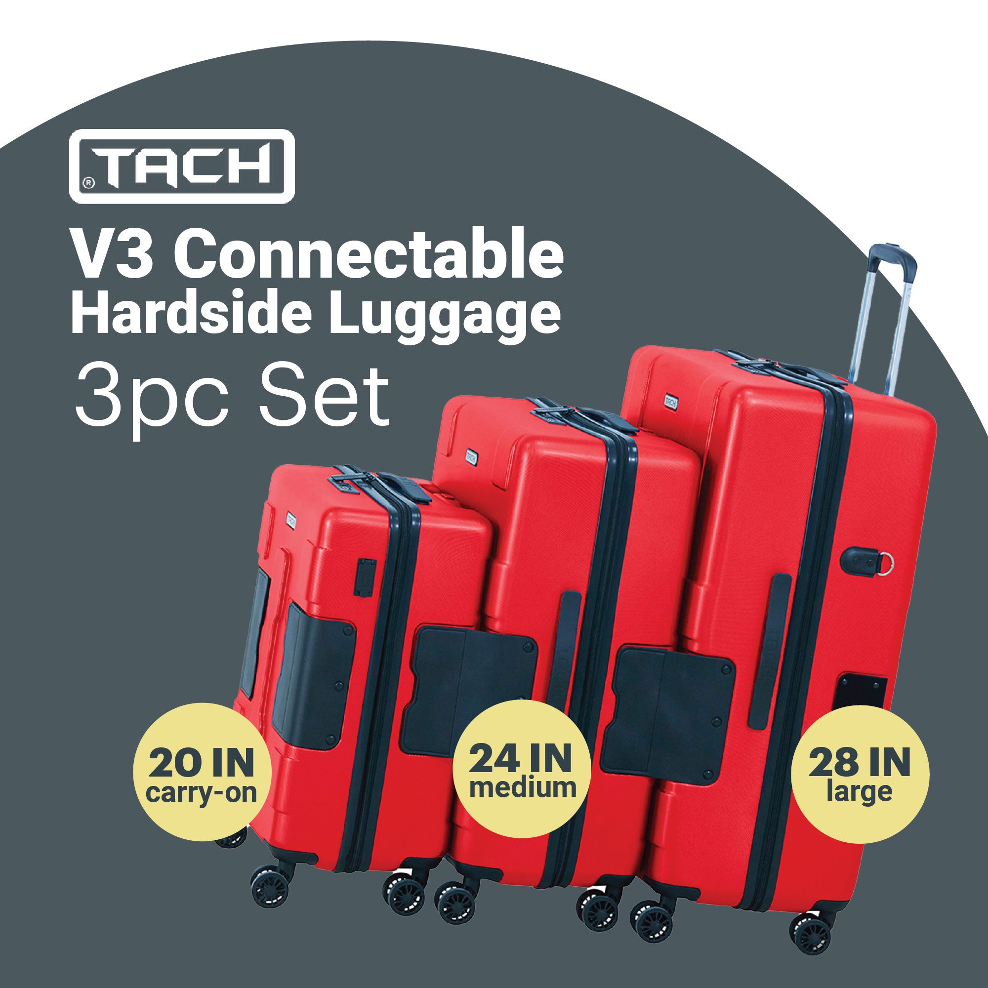 TACH V3 3 Piece Hard Shell Rolling Travel Suitcase Luggage Set w/ Wheels, Red (Refurbished)