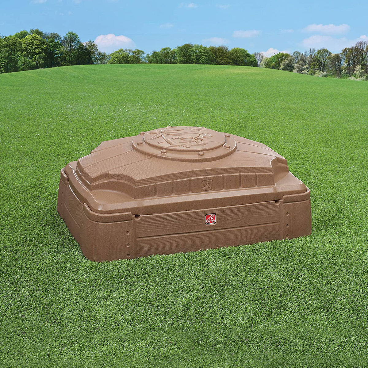 Step2 Play and Store Outdoor Backyard Sandbox for Toddlers with Cover Lid, Beige