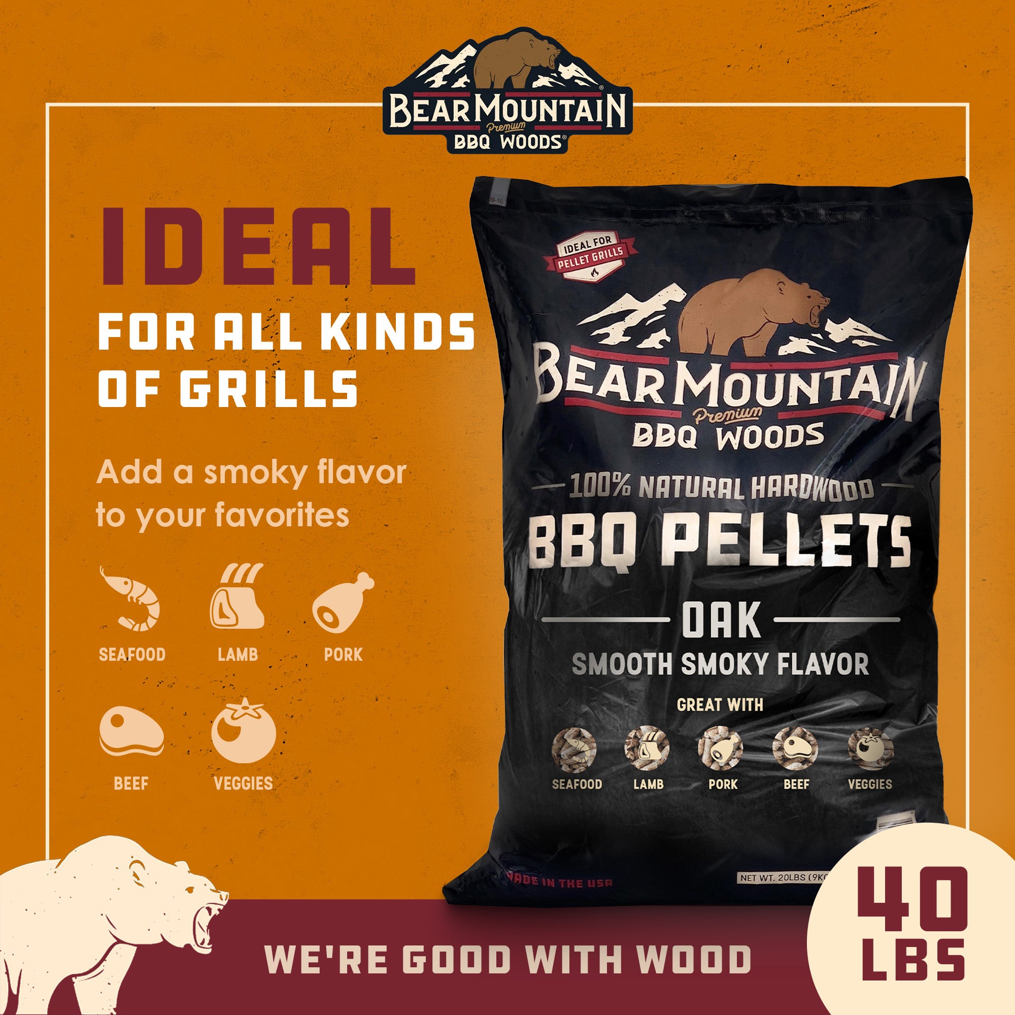 Bear Mountain BBQ All Natural Hardwood Oak BBQ Smoker Pellets, 20 lbs (4 Pack)