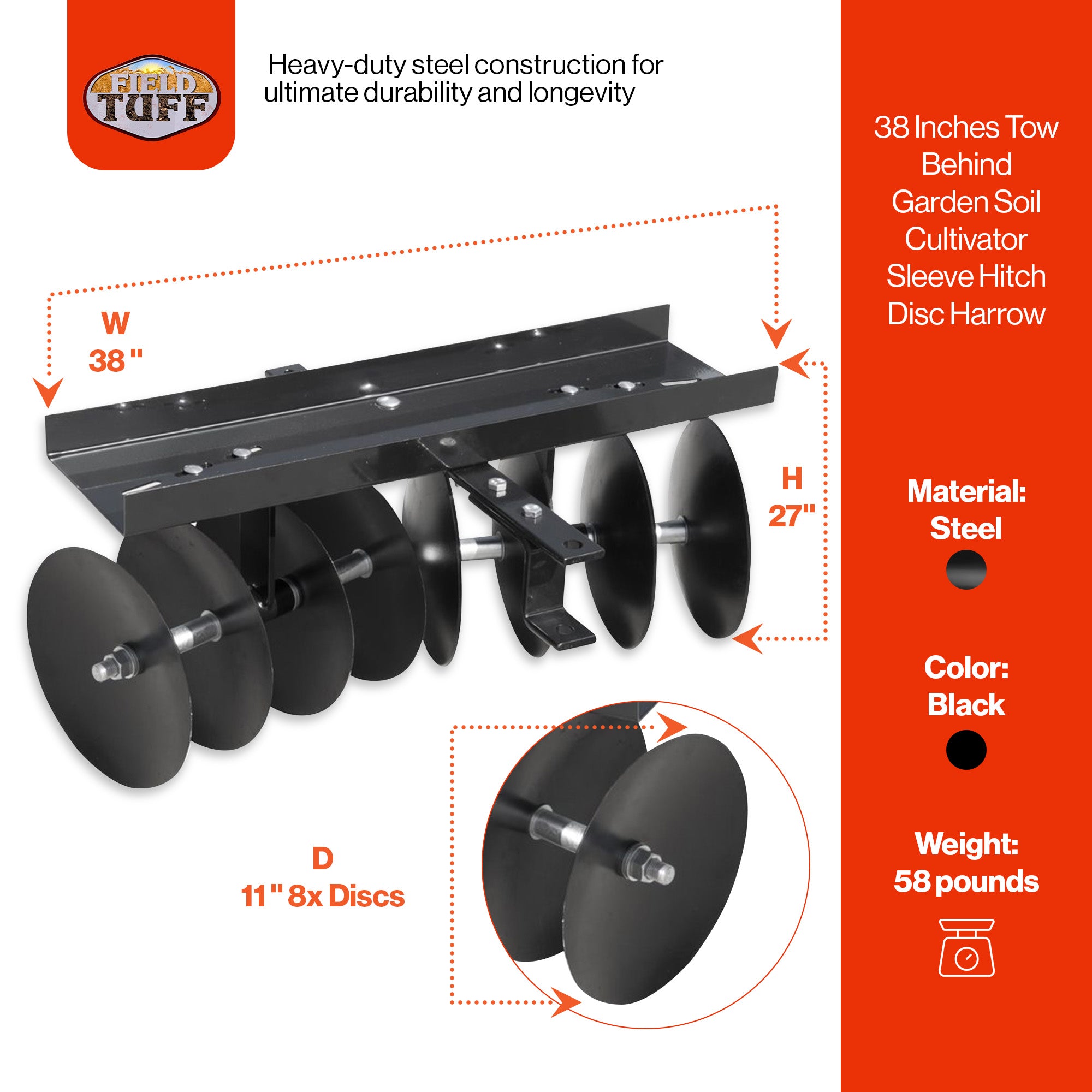 Field Tuff 39 Inch Tow Behind Garden Soil Cultivator Sleeve Hitch Disc Harrow - VMInnovations