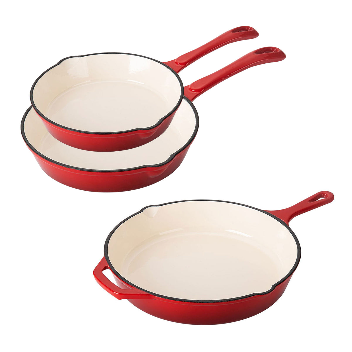 Hamilton Beach Enameled Coated Cast Iron Frying Pan Skillet, Red (Set of 3)