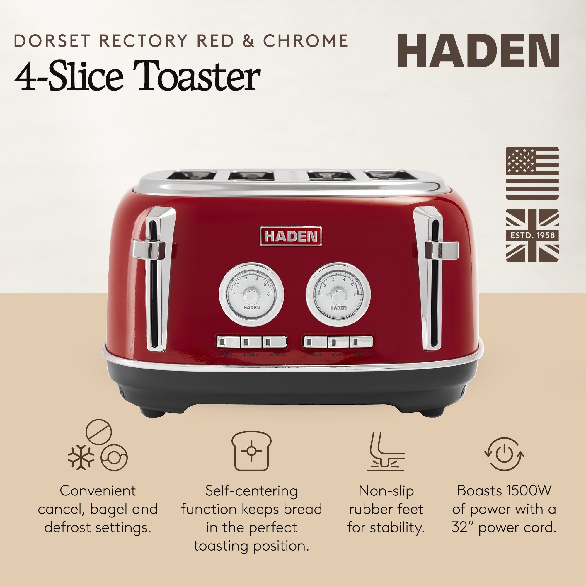 Haden Dorset 4 Slice Wide Slot Stainless Steel Toaster w/Crumb Tray,Red(Damaged)