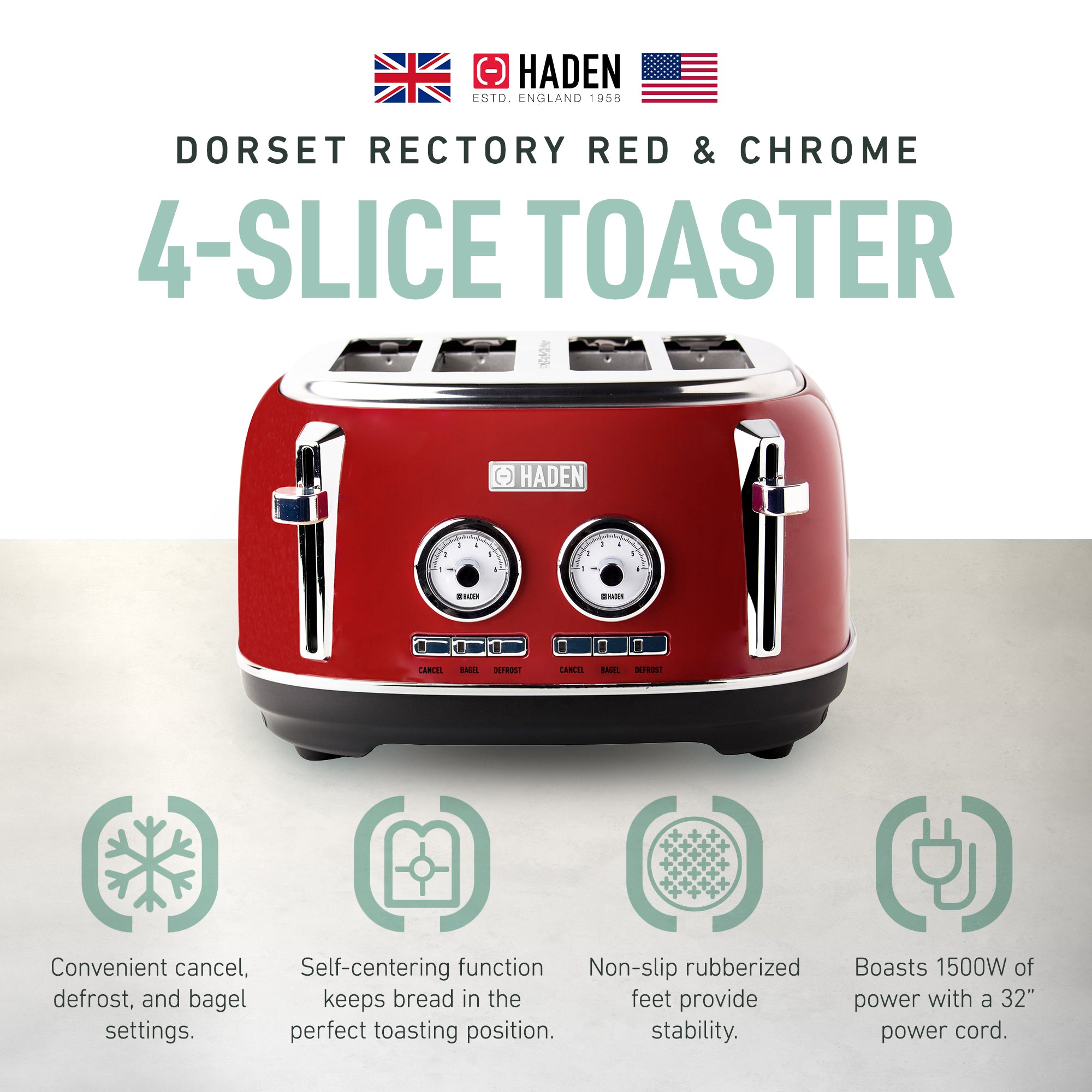 Haden Dorset 4 Slice Stainless Steel Toaster w/ Crumb Tray, Red (For Parts)