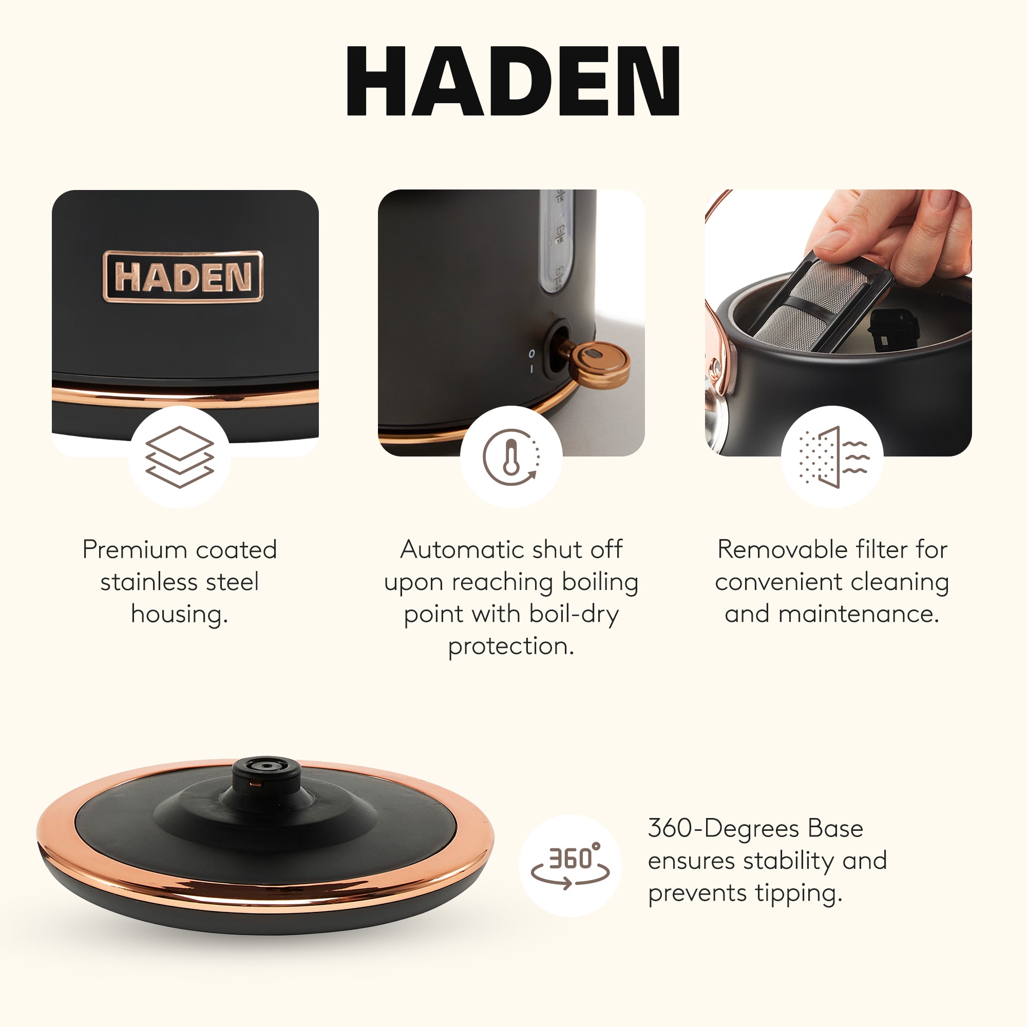 Haden Heritage 1.7L Stainless Steel Electric Water Tea Kettle, Black & Copper