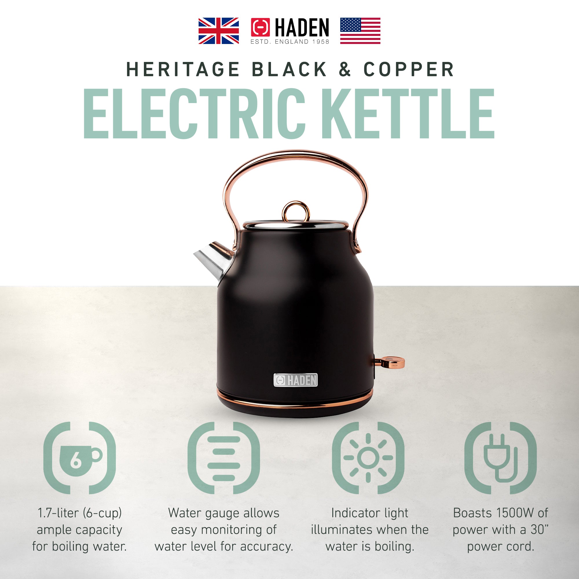 Haden Heritage Stainless Steel Electric Water and Tea Kettle, Copper and Black (Refurbished)