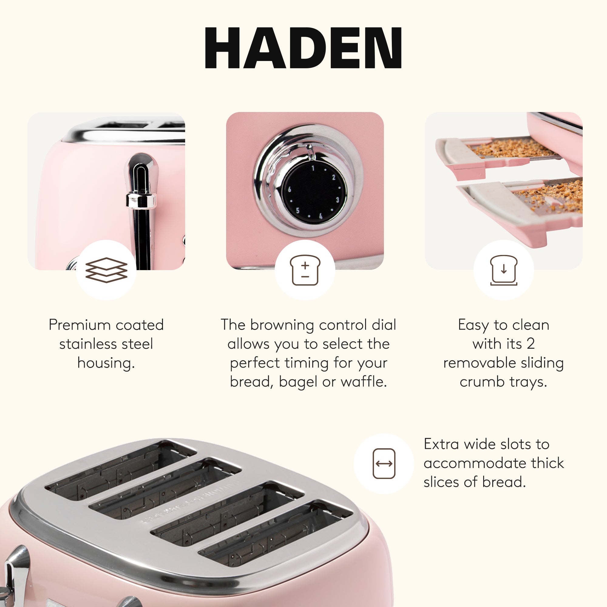 Haden Heritage 4 Slice Wide Slot Stainless Steel Toaster, English Rose - VMInnovations