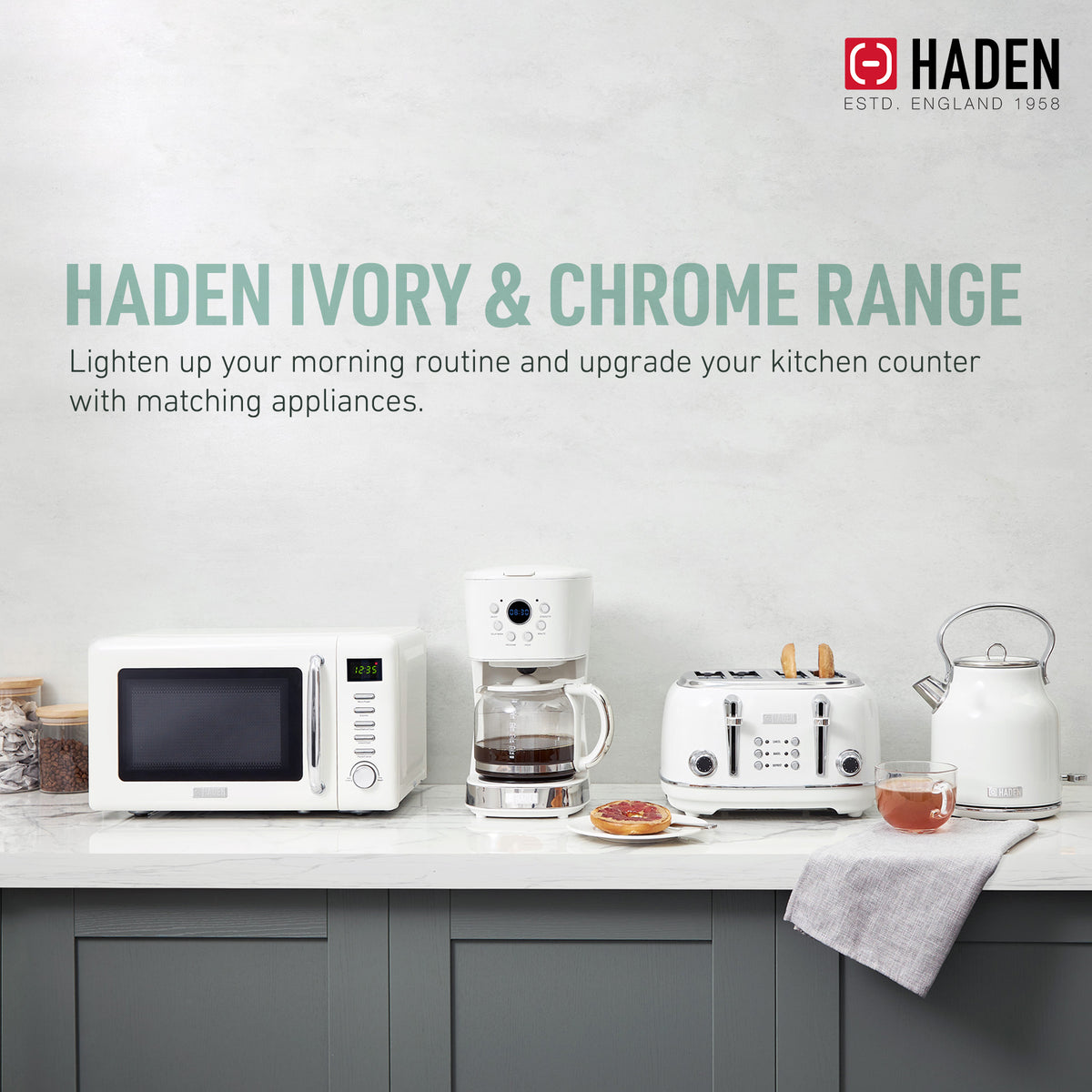 Haden 0.7 Cu Ft Compact Countertop Microwave, 700 Watts, Ivory & Chrome