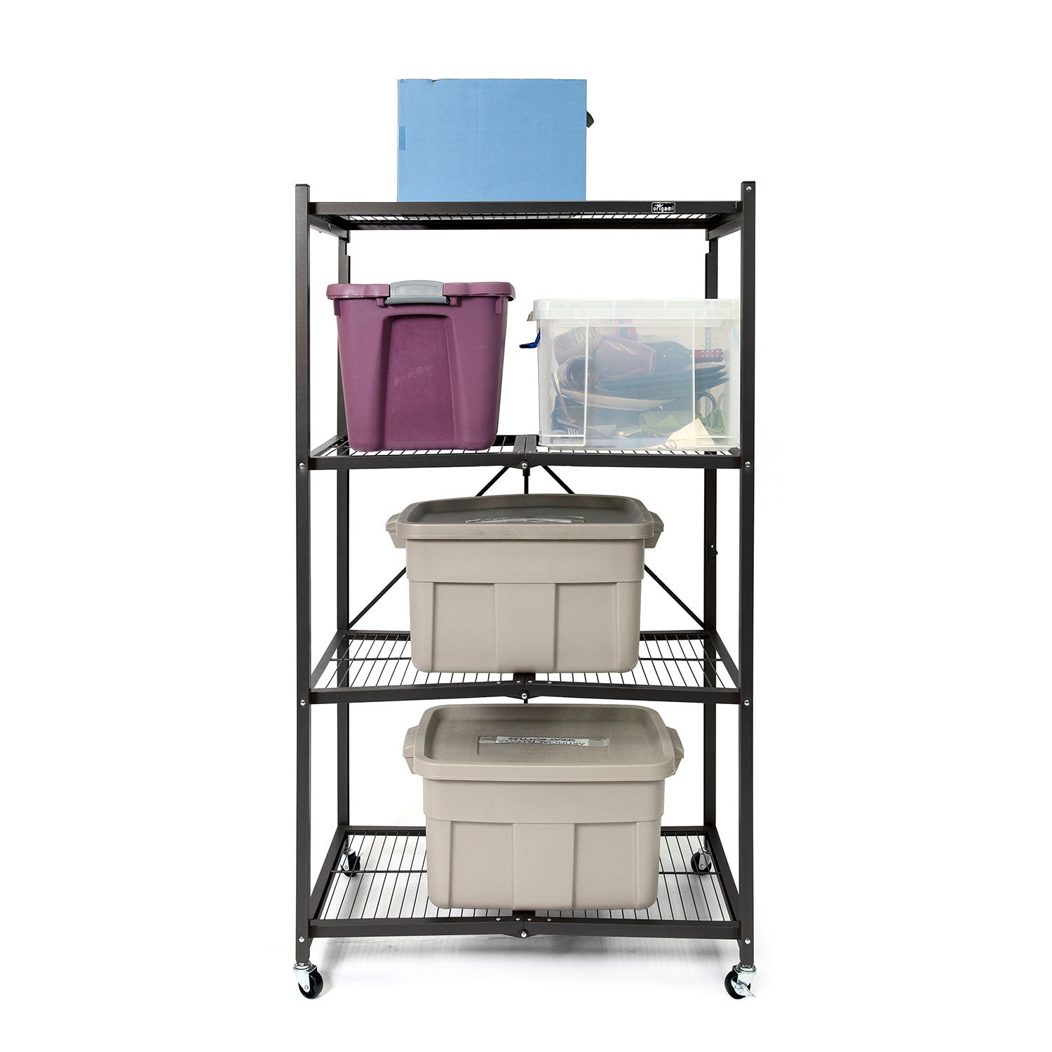 Origami Wheeled 4 Shelf Folding Metal Wire Shelving Storage Organizer, Black