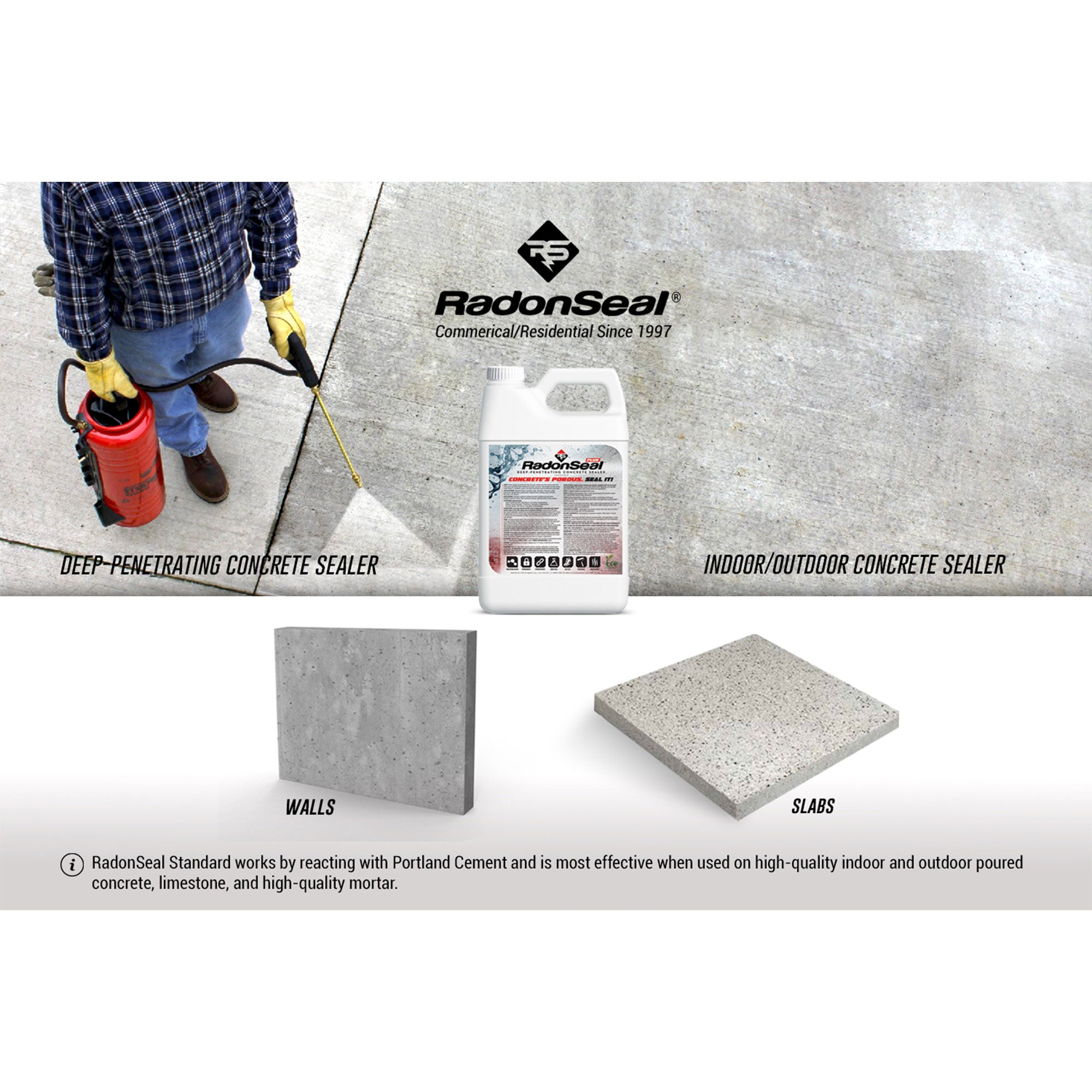 RadonSeal Outdoor Concrete Clear Penetrating Protectant Sealer, 5 Gal (Open Box) - VMInnovations