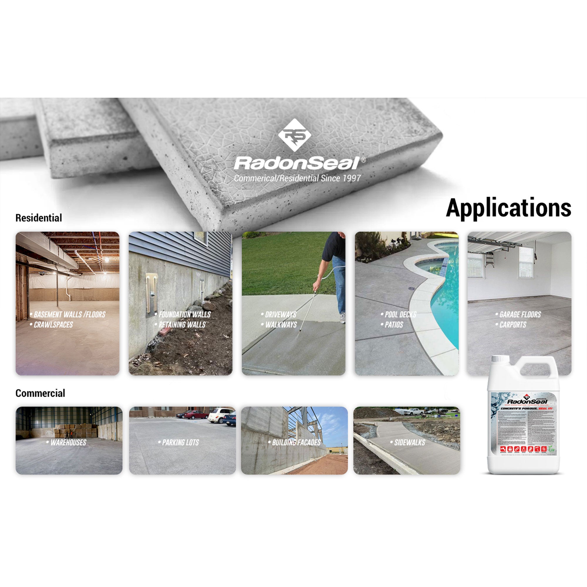 RadonSeal Outdoor Concrete Clear Penetrating Protectant Sealer, 5 Gal (Open Box) - VMInnovations
