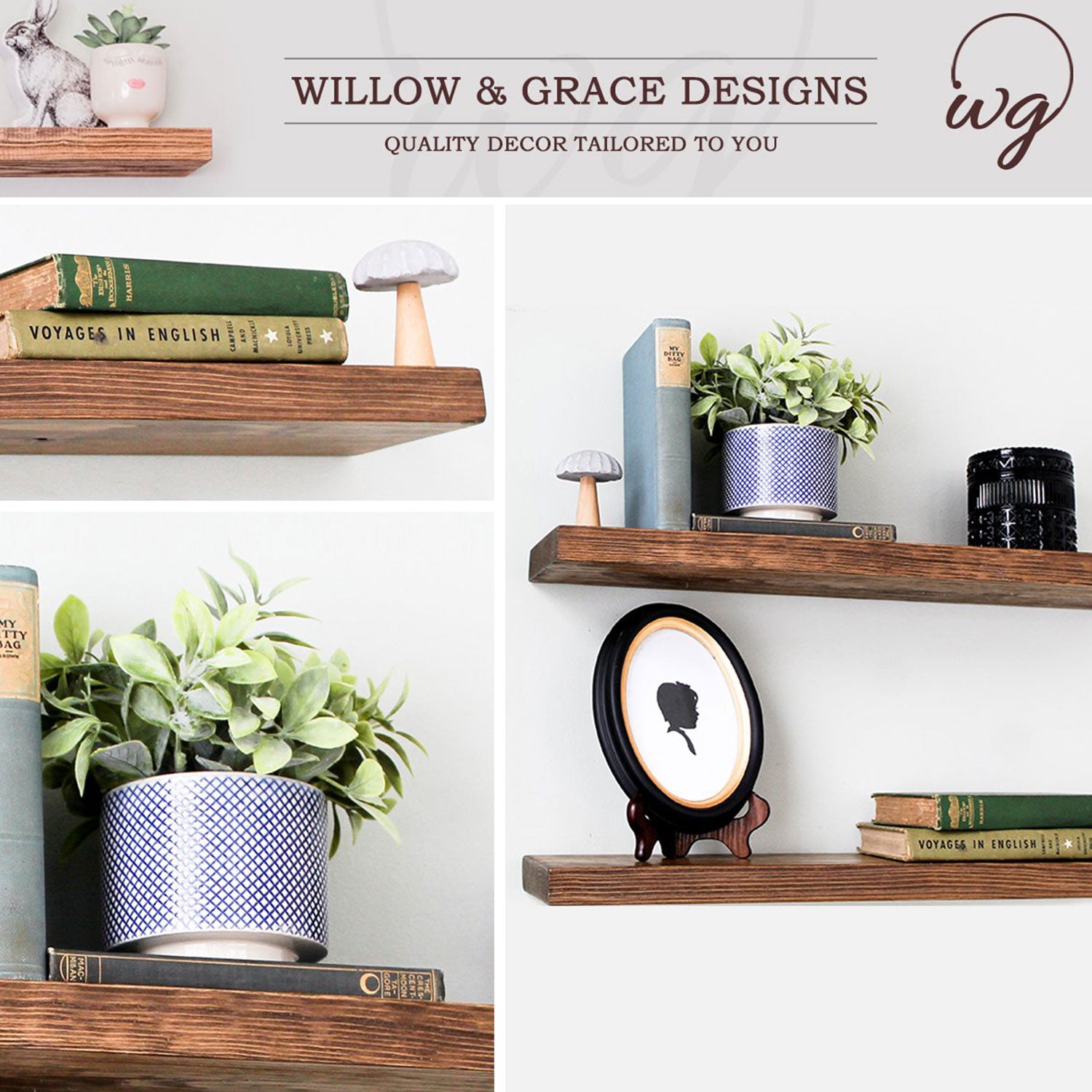 Willow & Grace Connie 24" Floating Wall Shelves, Light Walnut (Open Box)(2 Pack) - VMInnovations