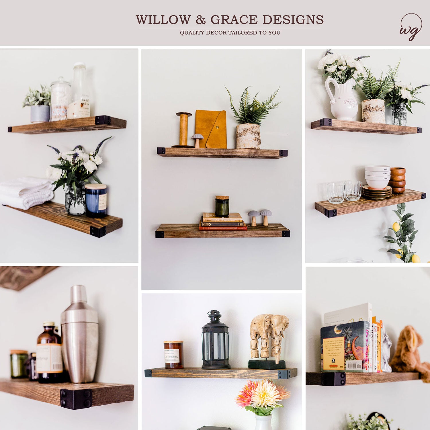 Willow & Grace Floating Wall Shelves w/Metal Accent, Walnut, 24 Inch, Set of 2