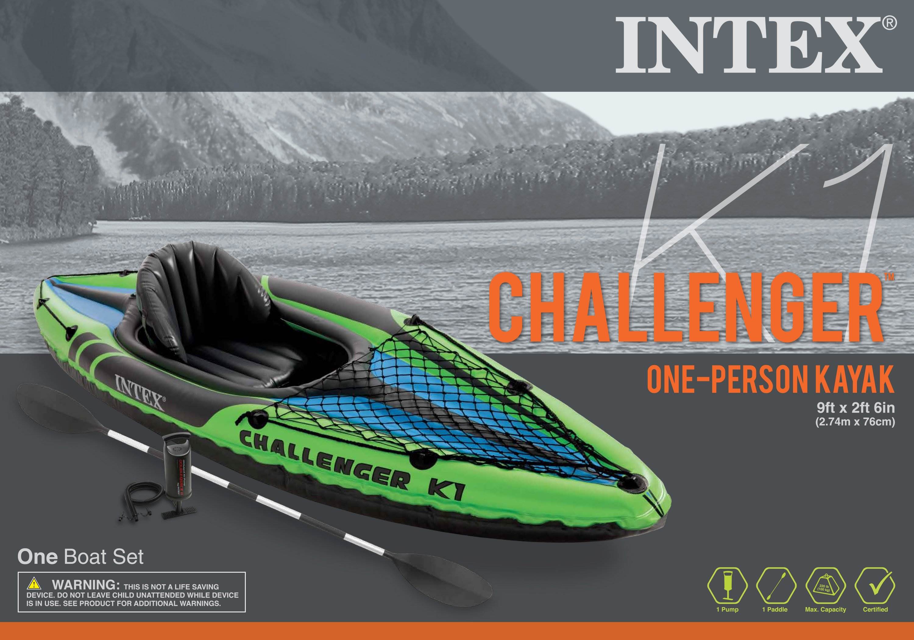 Intex Challenger K1 Inflatable Kayak Kit, Paddle & Pump (Open Box)(Pallet of 49)