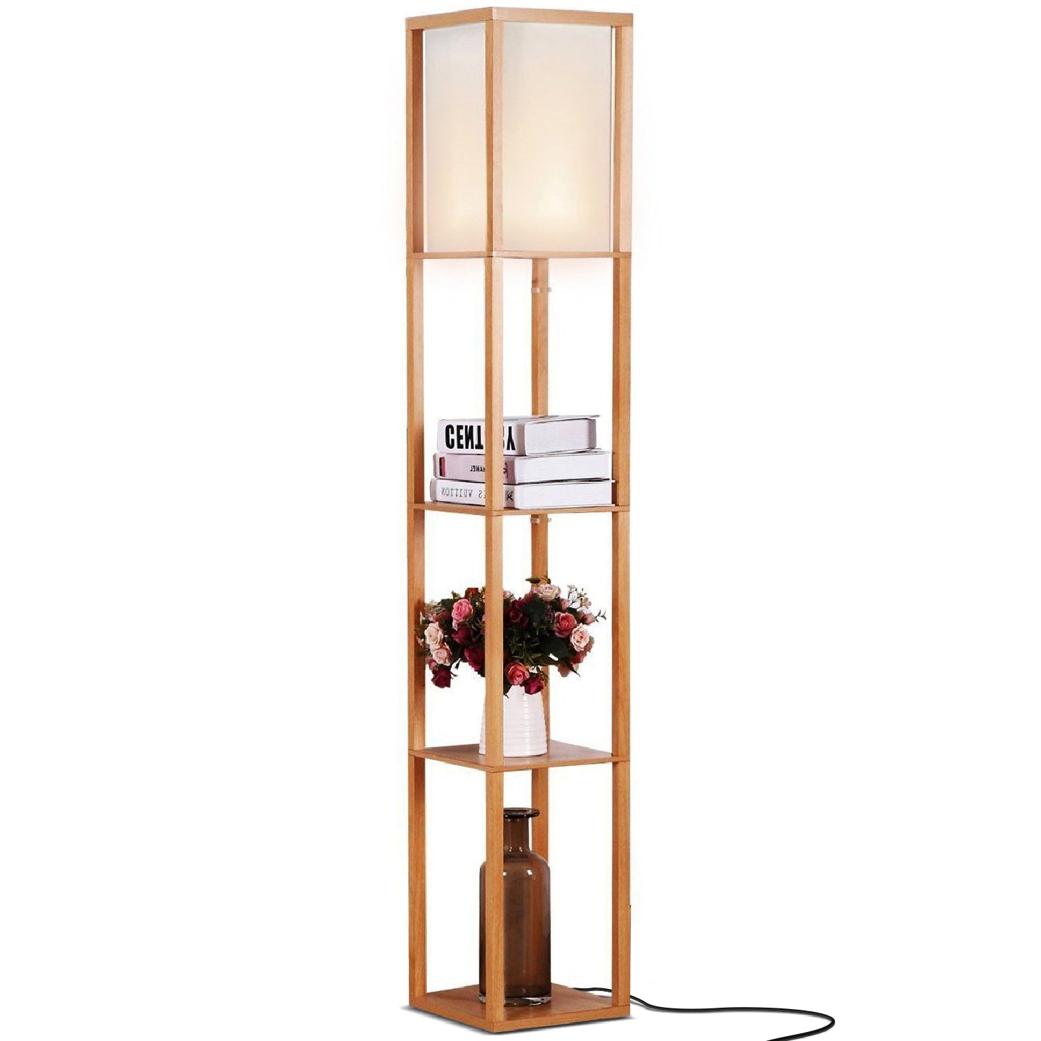 Brightech Maxwell Tower Floor Lamp with Shelves and LED Bulb, Wood (Open Box) - VMInnovations