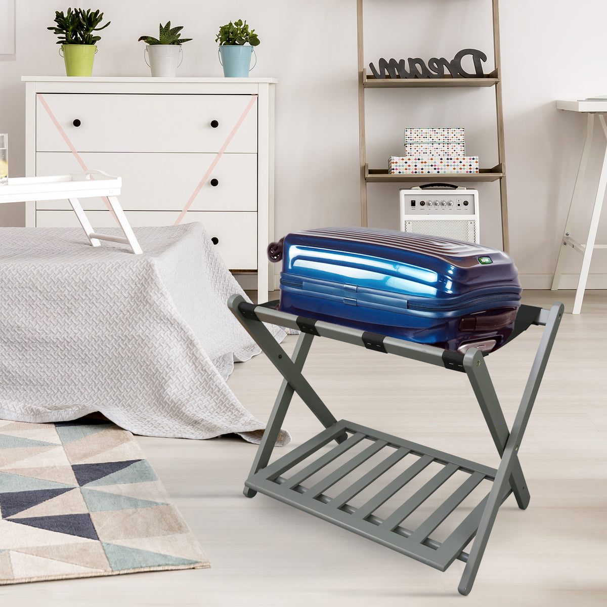 Casual Home Hotel Style Solid Pine Wood Folding Luggage Rack w/ Shelf (Open Box)