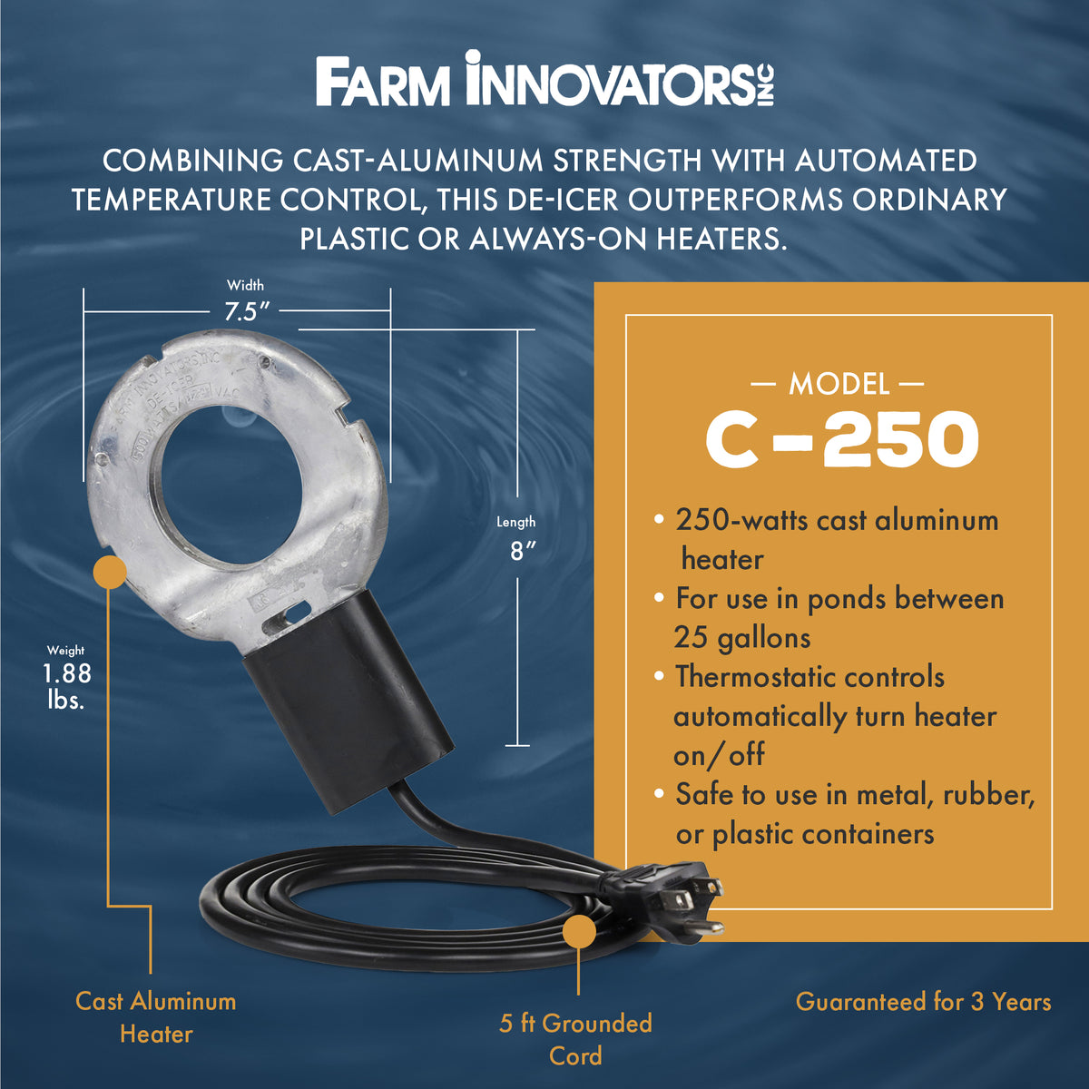Farm Innovators Submergible Cast Aluminum Utility De-Icer (For Parts)