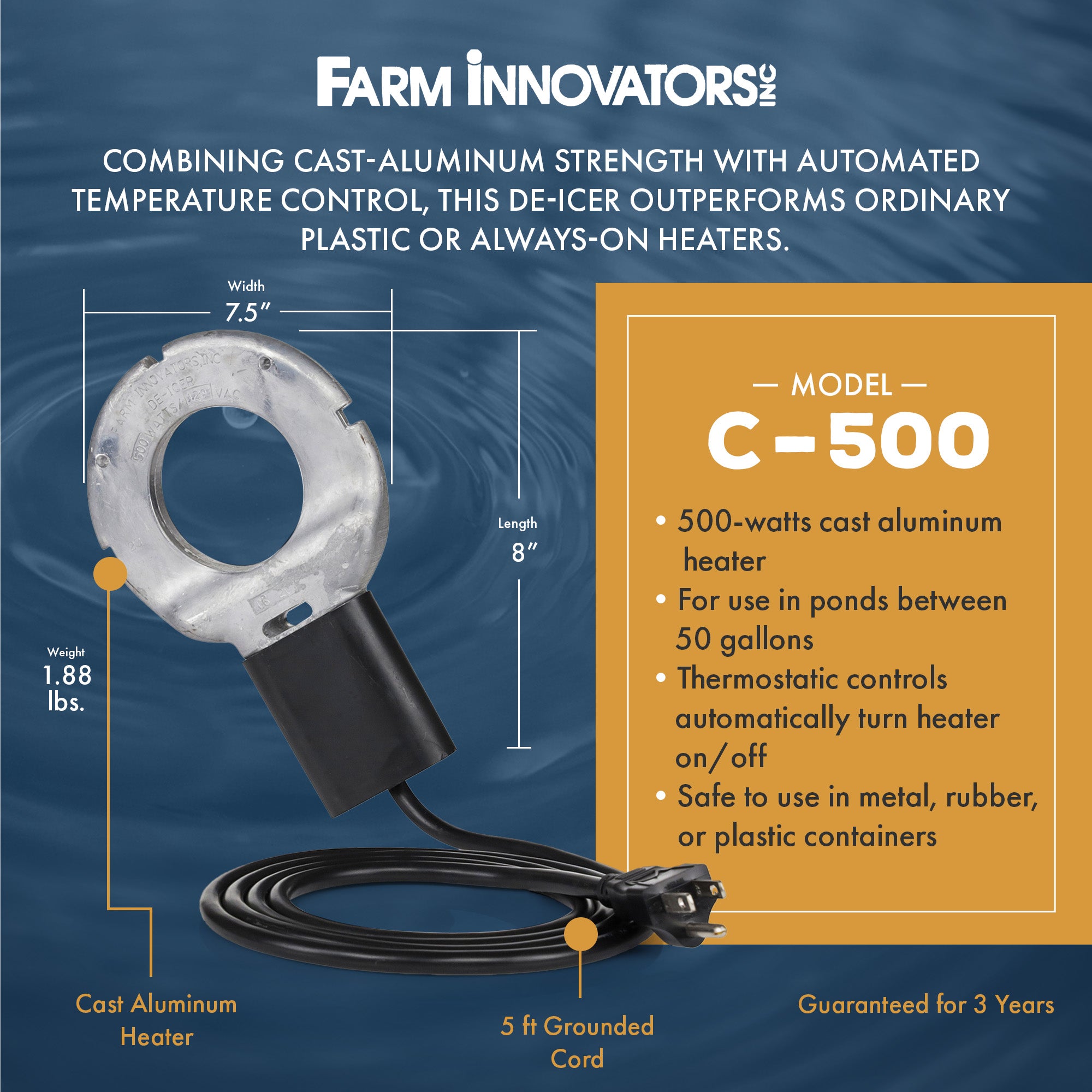 Farm Innovators C-500 Submergible Cast Aluminum Utility De-Icer for Farm Use