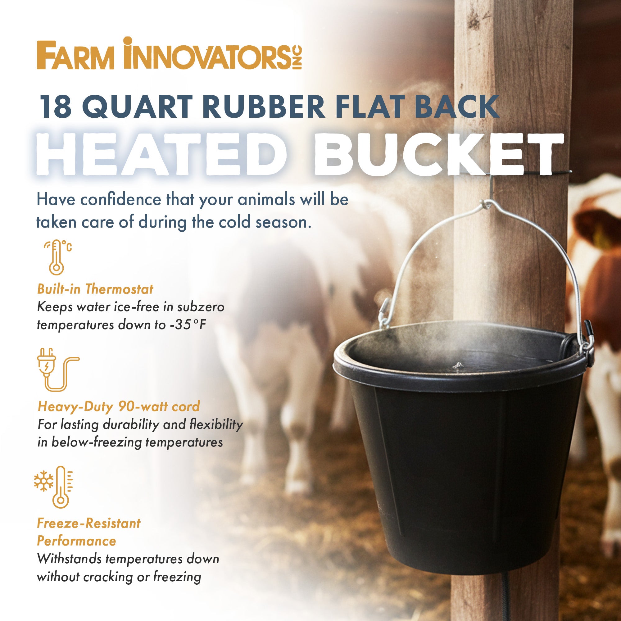 Farm Innovators 18 Quart Rubber Flat Back Heated Bucket with Guard, 90 Watt