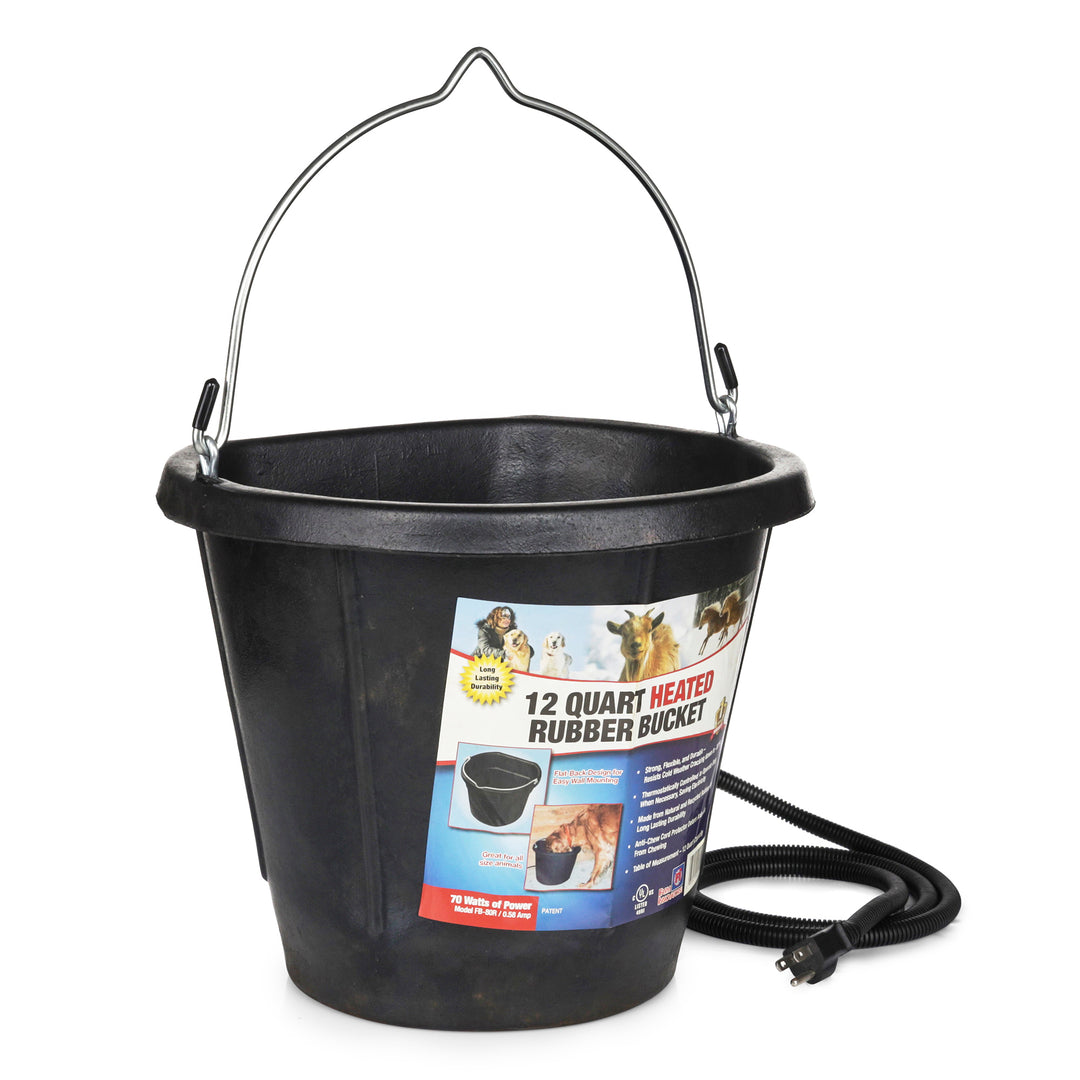 Farm Innovators FB-80R Rubber 3 Gallon Flat Back Heated Bucket, 70 Watt, Black - VMInnovations