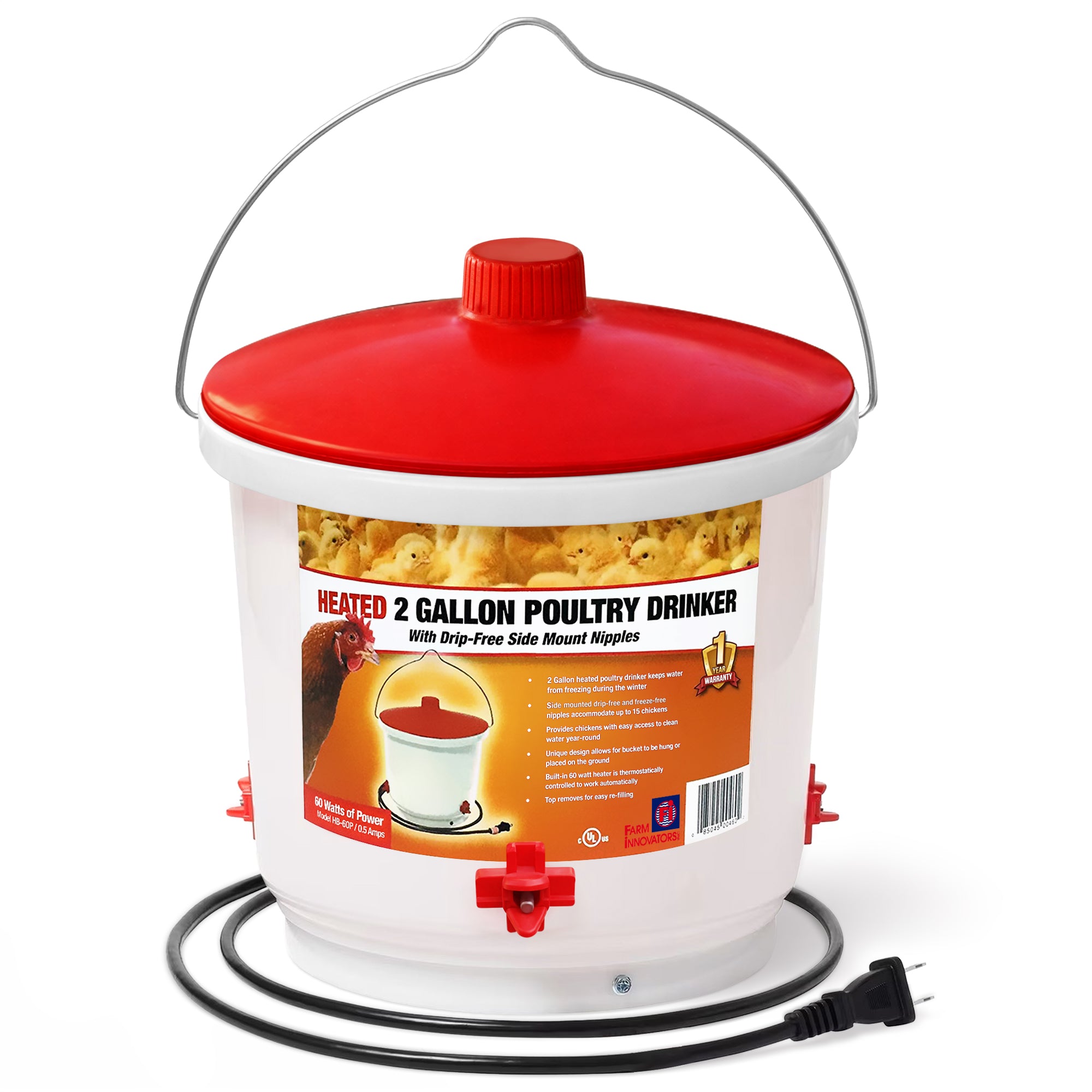 Farm Innovators HB-60P Heated 2Gal Poultry Bucket Drinker, White/Red (Open Box) - VMInnovations