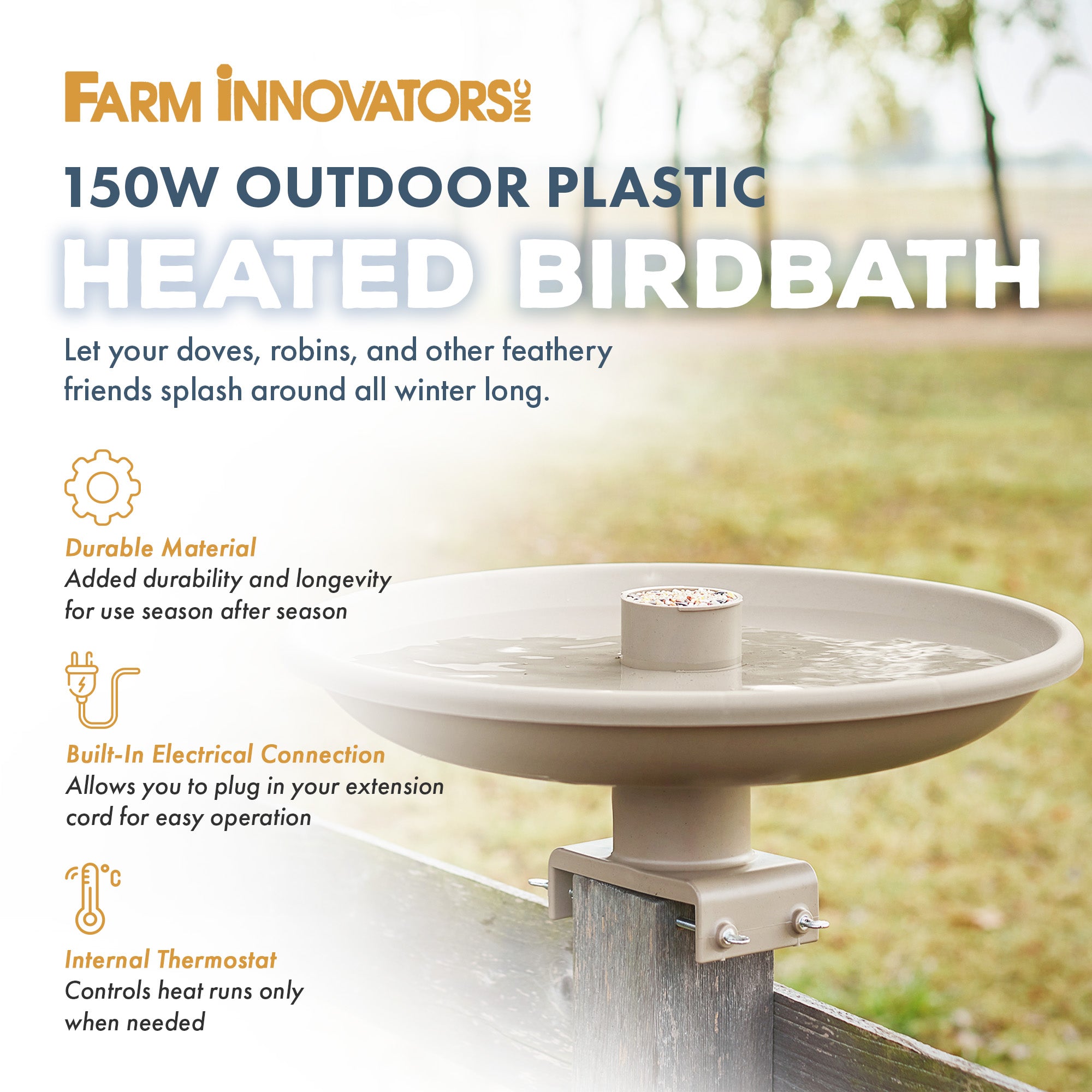 Farm Innovators 150W Plastic Heated Birdbath w/Deck Mount & Perch, Tan(Open Box)