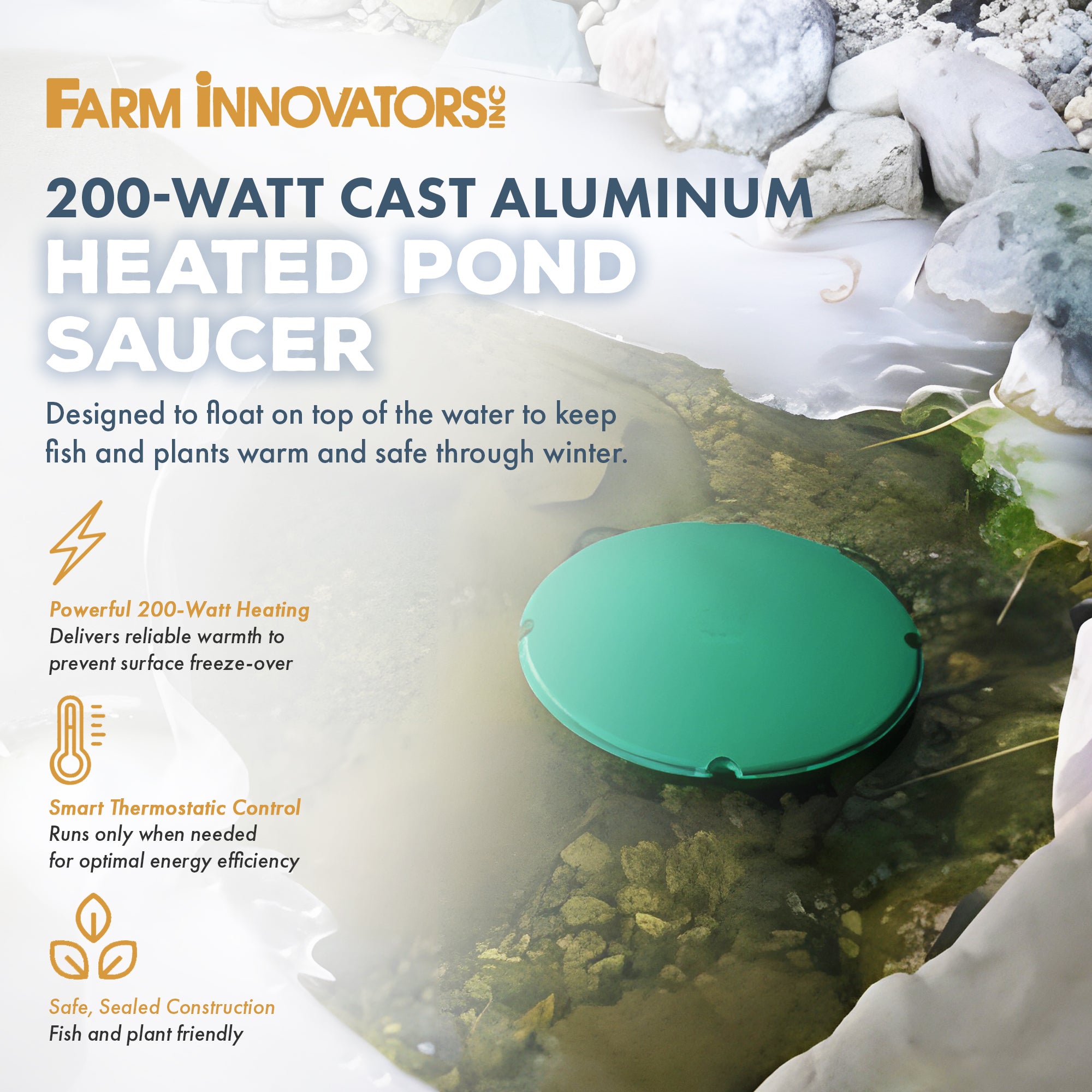 Farm Innovators PS-200 Cast Aluminum 200 Watt All Pond Floating De-Icer Heater - VMInnovations