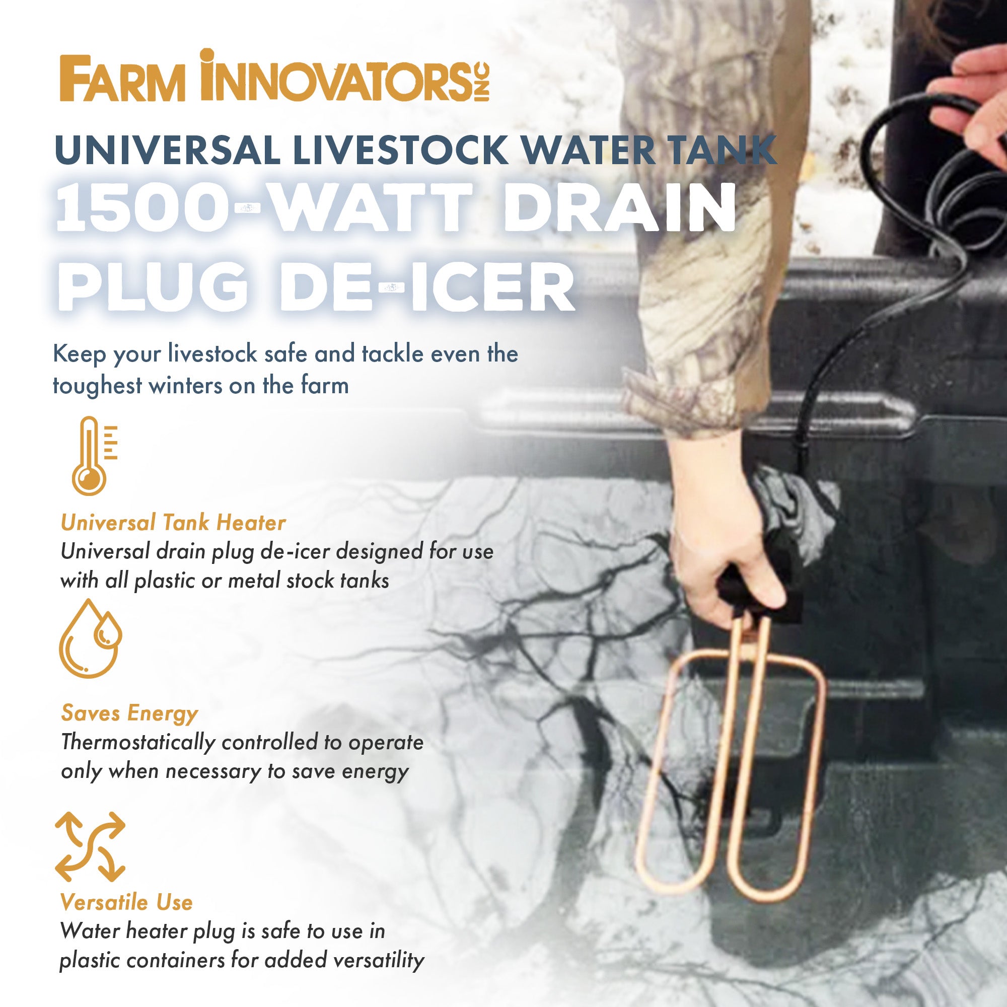 Farm Innovators UPH-15 Universal Livestock Water Tank 1500W Drain Plug De-Icer