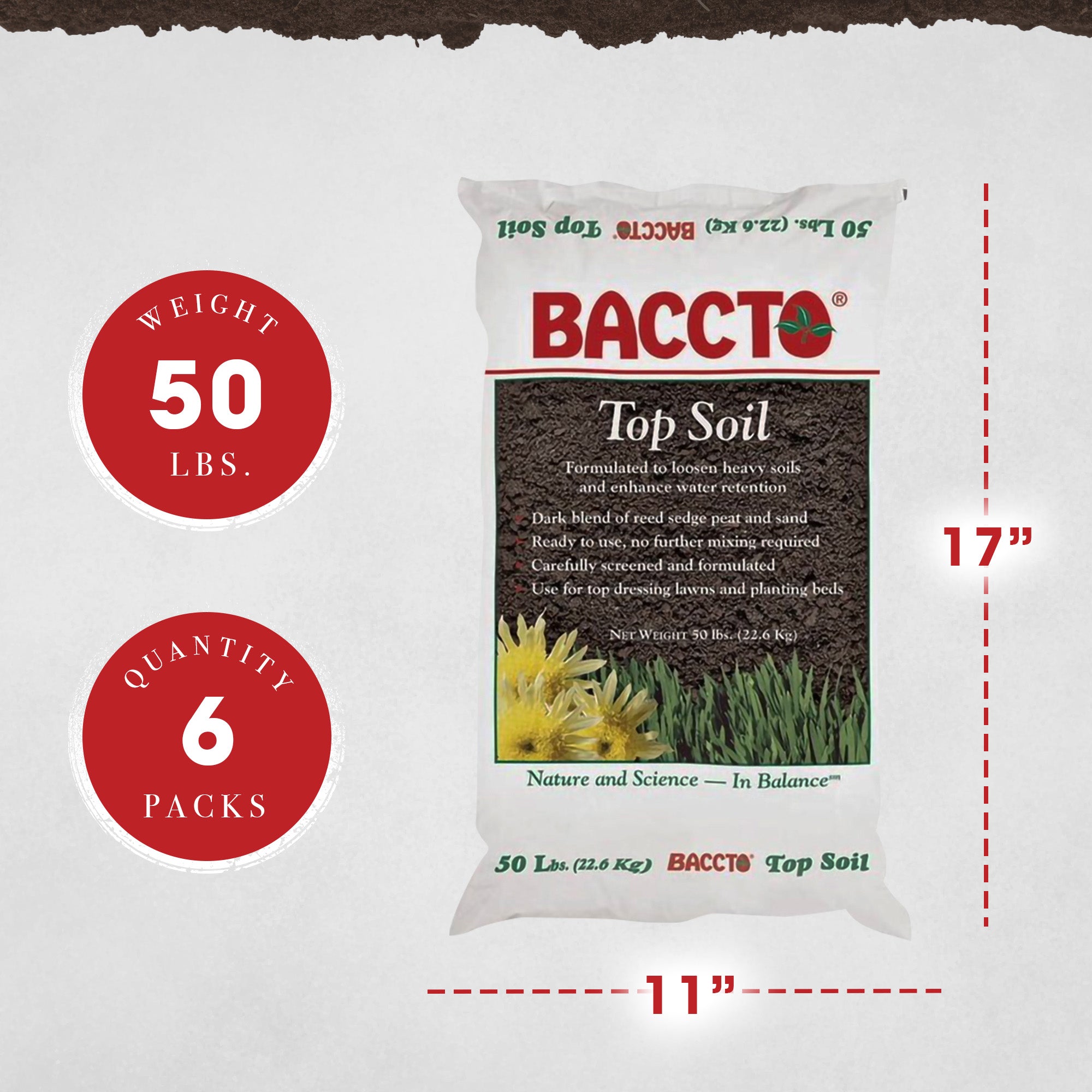 Michigan Peat 1550P Baccto Top Soil with Reed Sedge and Sand, 50 Pounds, 6 Pack