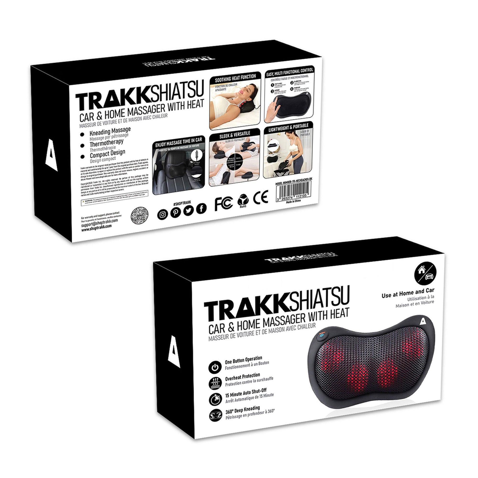 TRAKK Shiatsu Back and Shoulder Neck Heated Full Body Massager Pillow, Black