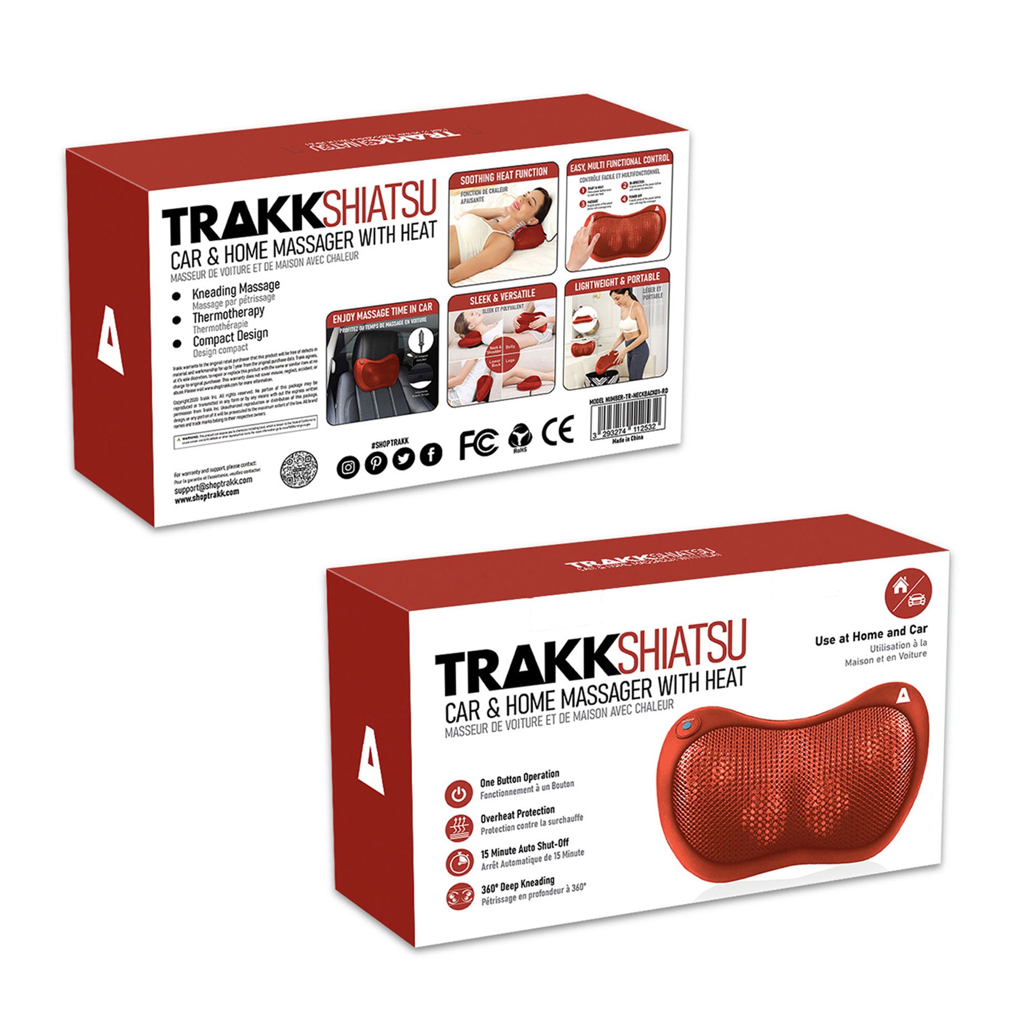 TRAKK Shiatsu Back & Shoulder Neck Heated Full Body Relief Massager Pillow, Red