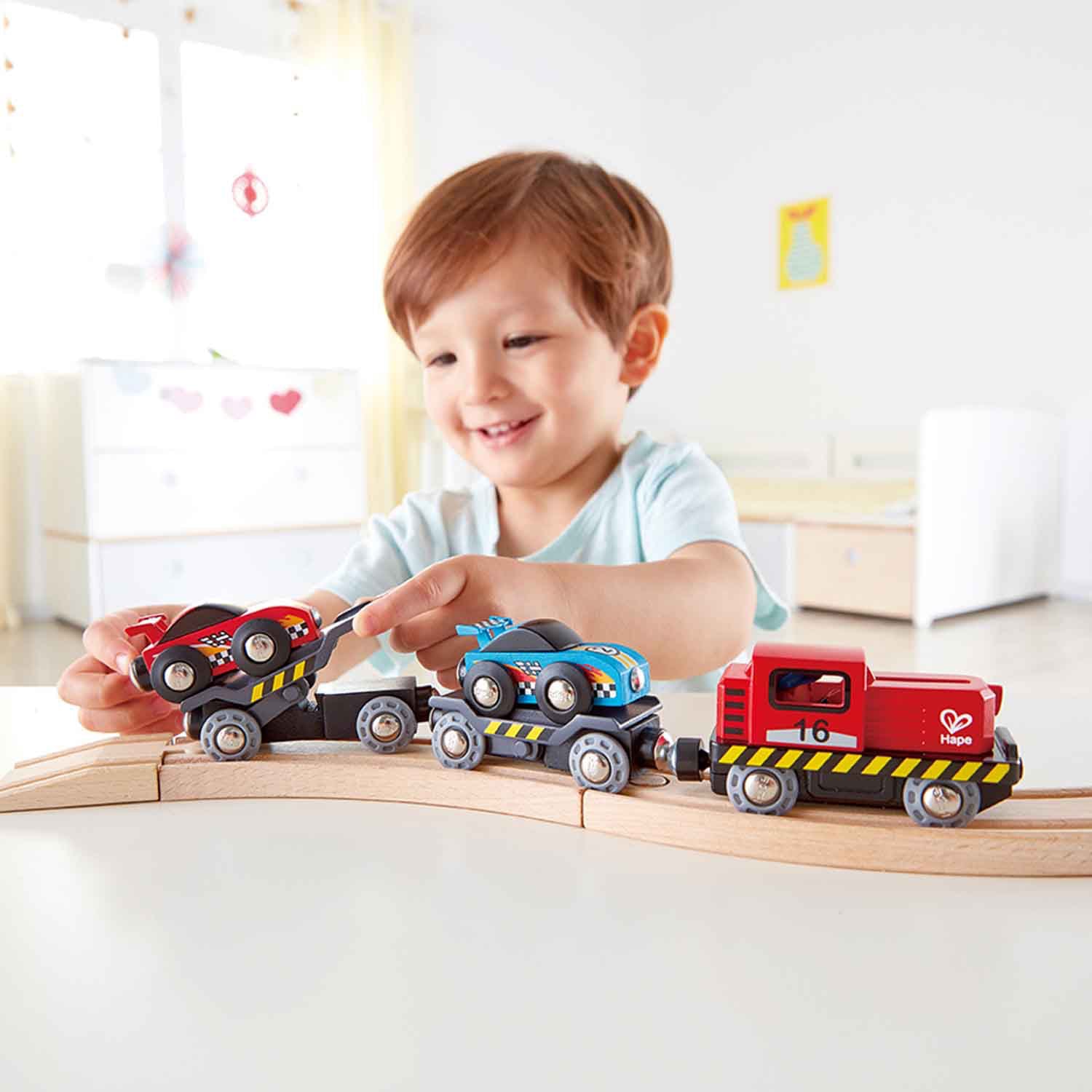 Hape Kids Rolling Stock Wooden 6 Pc Race Car Transporter Set (Open Box) - VMInnovations