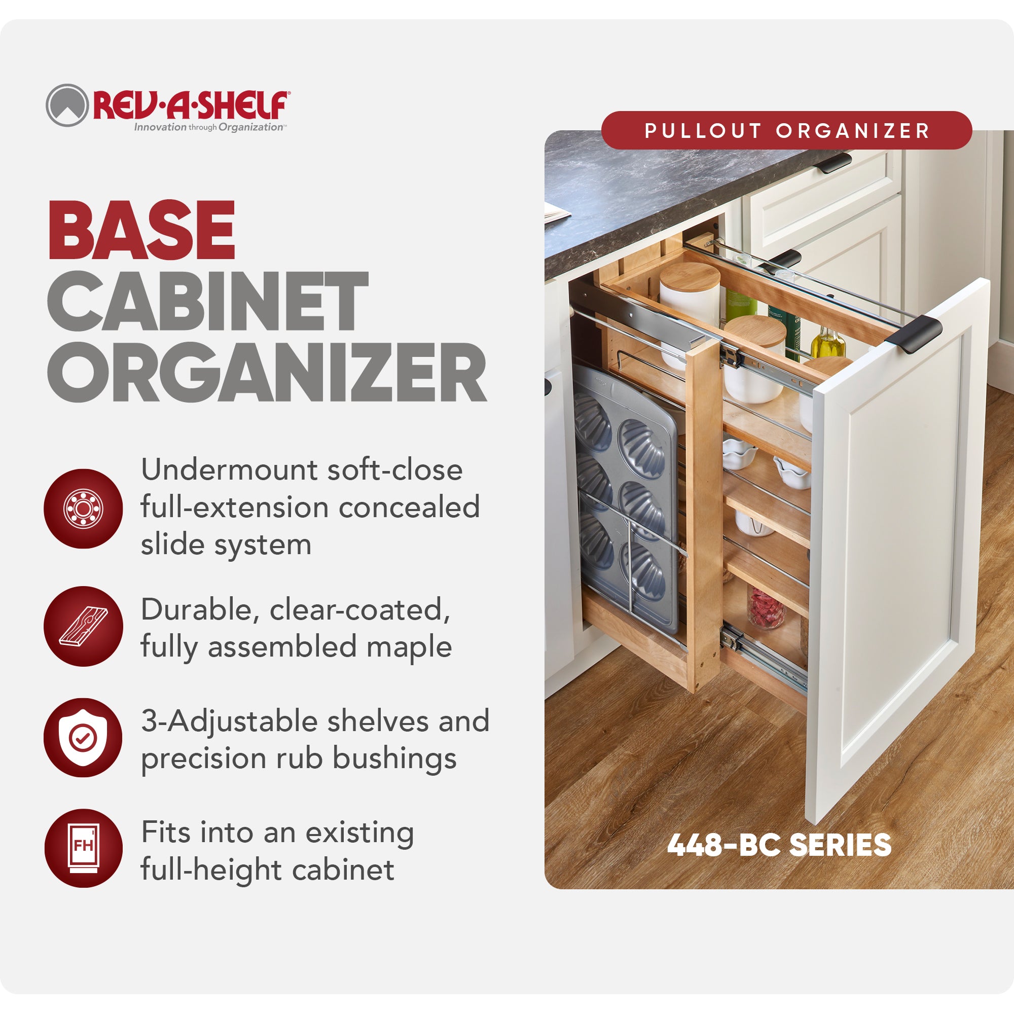 Rev-A-Shelf 8.75'' Pullout Kitchen Cabinet Organizer Soft-close, 448-BCSC-8C
