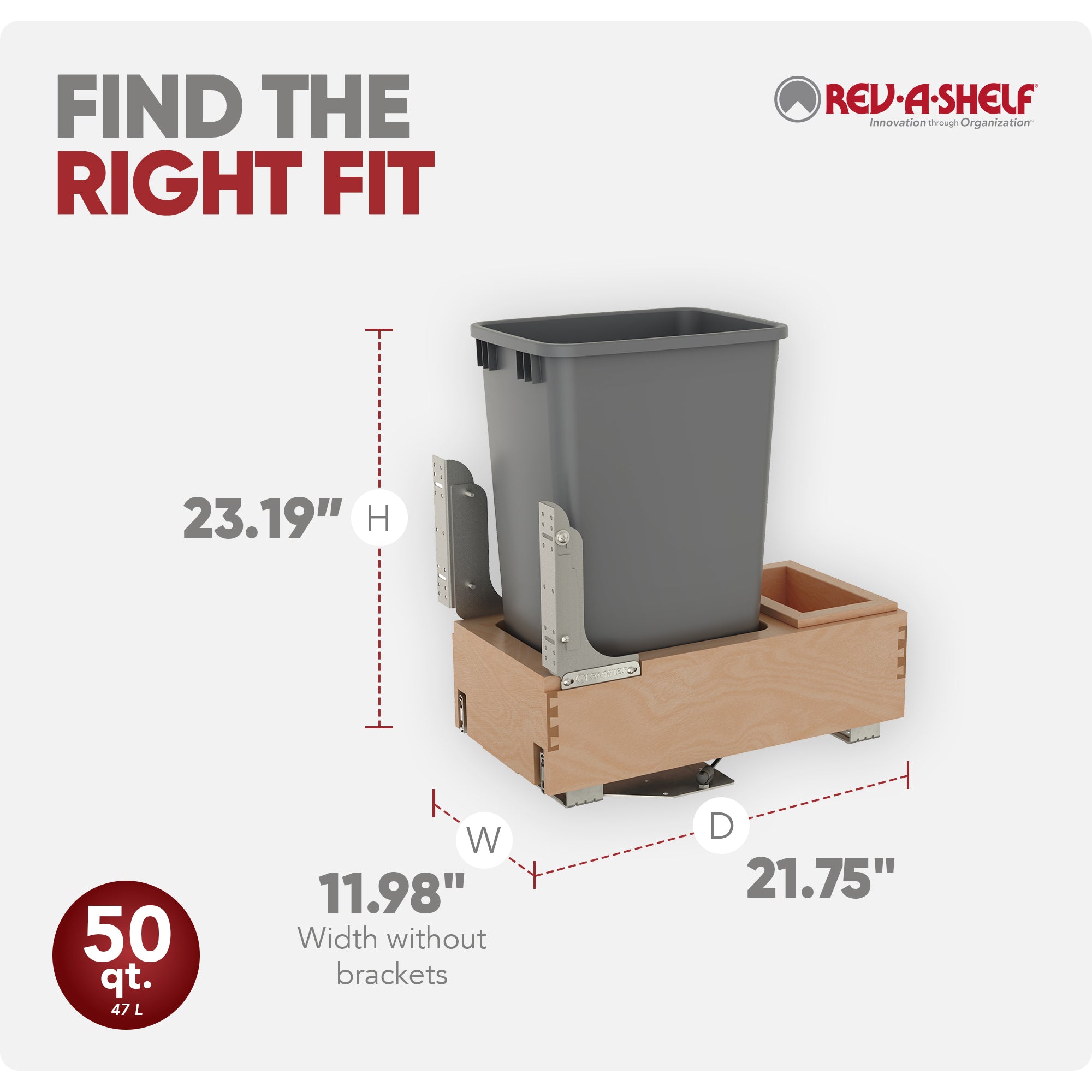 Rev-A-Shelf Pullout Trash Can 50 qt. w/Soft-close Soft-open, 4WCBM-1550DM-1 - VMInnovations