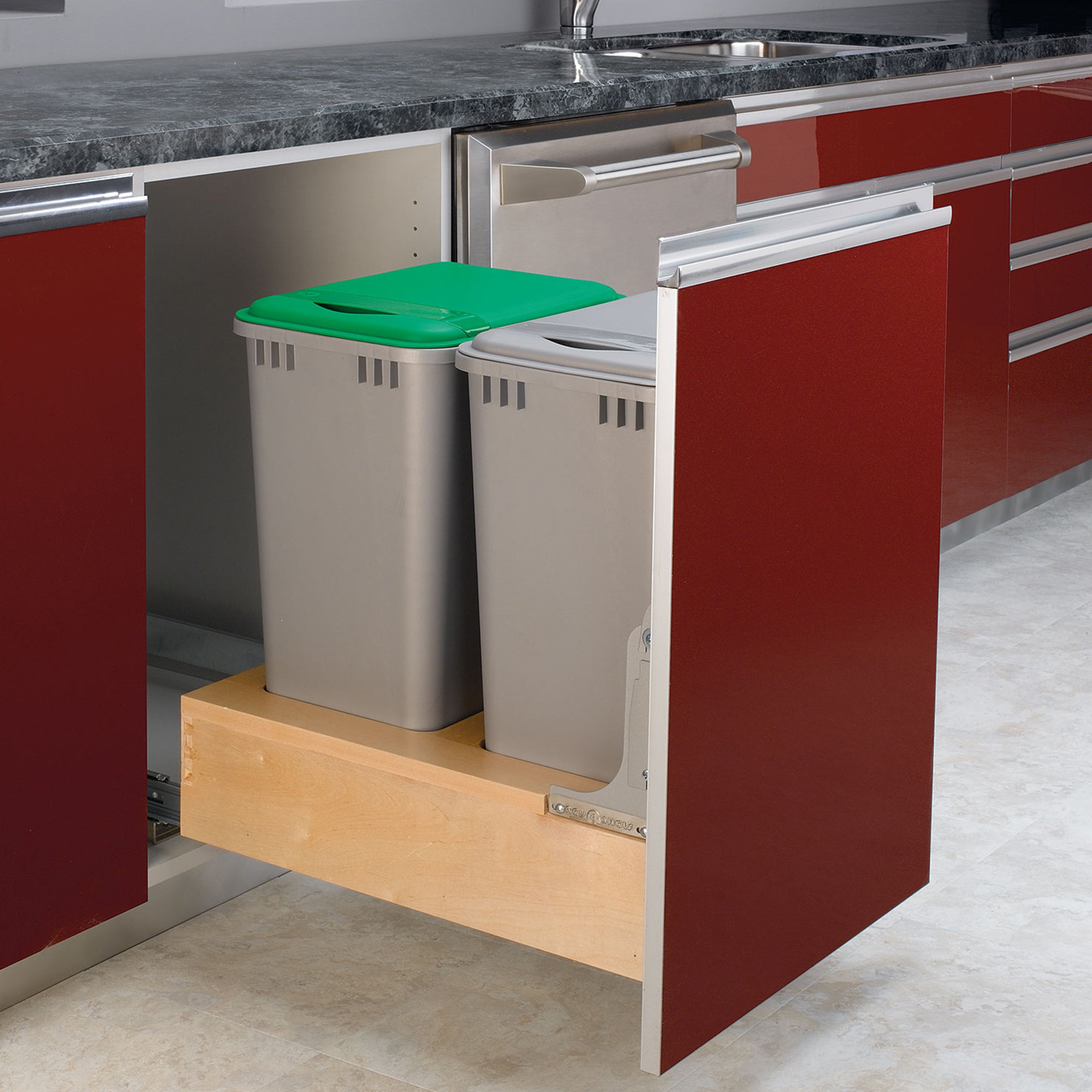 Rev-A-Shelf Double Pullout Bottom Mount Trash Cans 50 qt., Gray, 4WCBM-2150DM-2 - VMInnovations