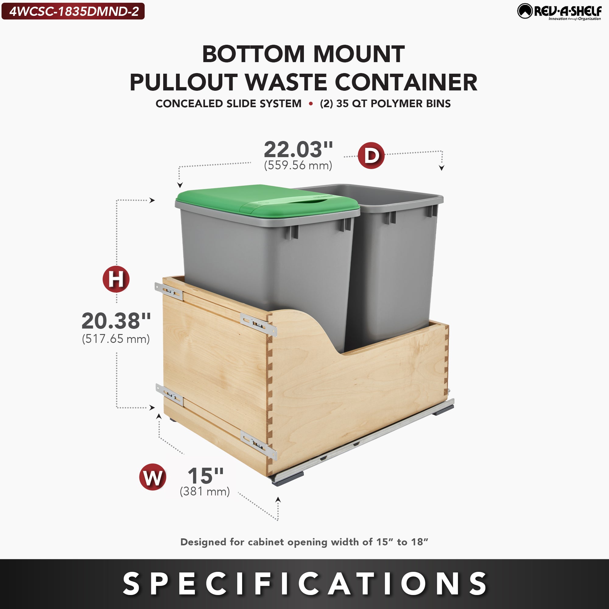 Rev-A-Shelf Double Pullout Trash Can 35 qt. w/ Soft-close, 4WCSC-1835DMND-2 - VMInnovations