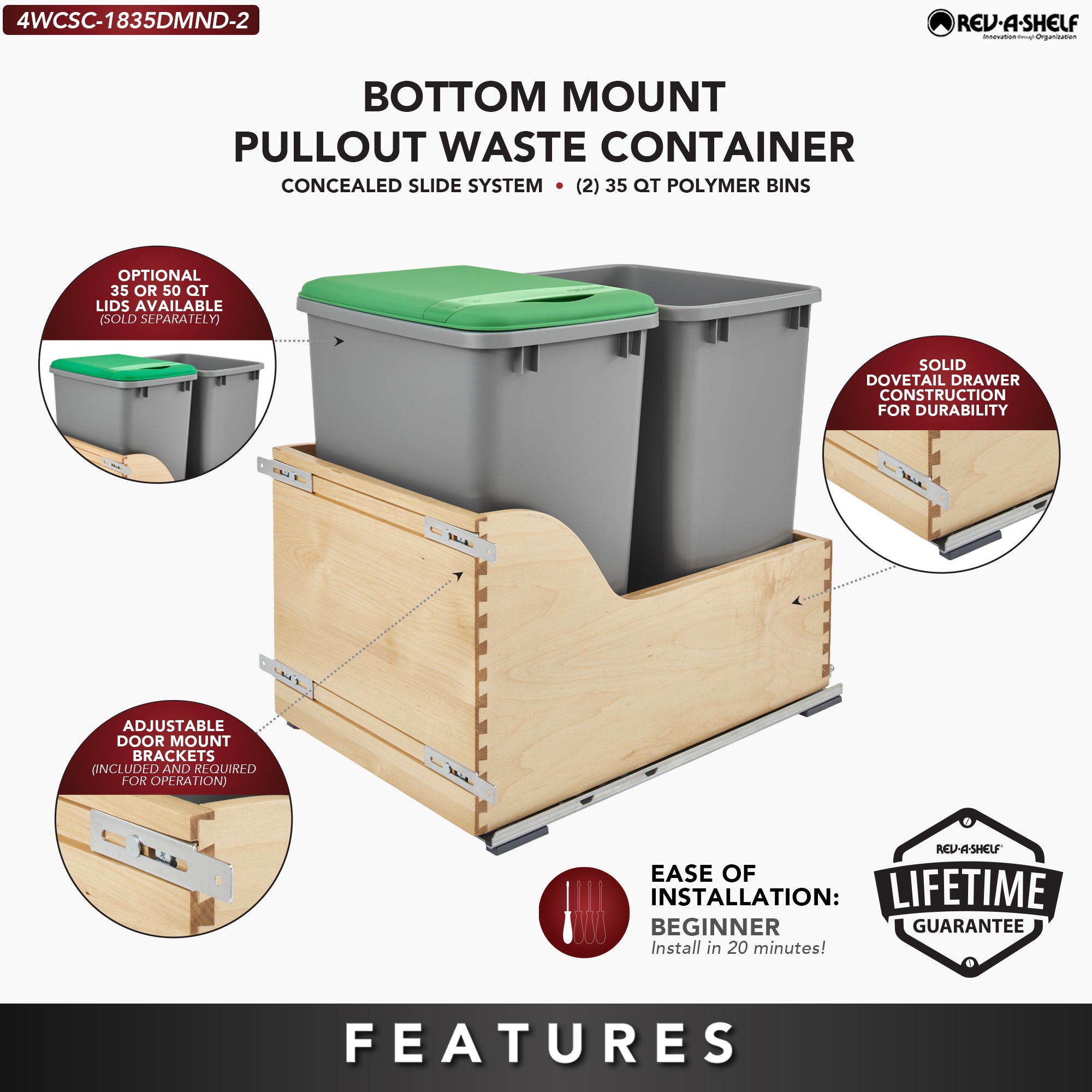 Rev-A-Shelf Double Pullout Trash Can 35 qt. w/ Soft-close, 4WCSC-1835DMND-2 - VMInnovations