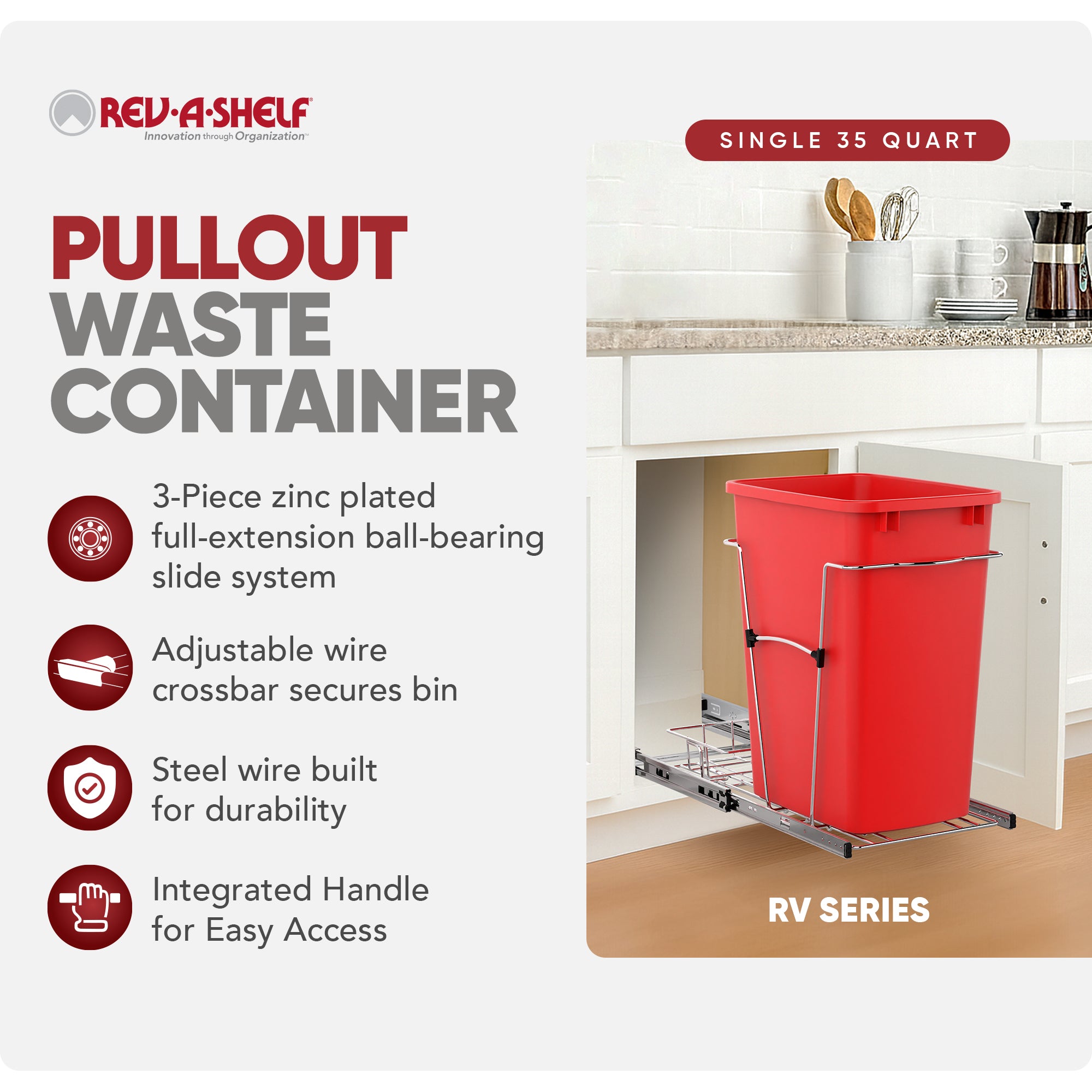 Rev-A-Shelf Pullout Trash Can 35 qt. for Kitchen Cabinets, Red, RV-12KD-16C-S - VMInnovations