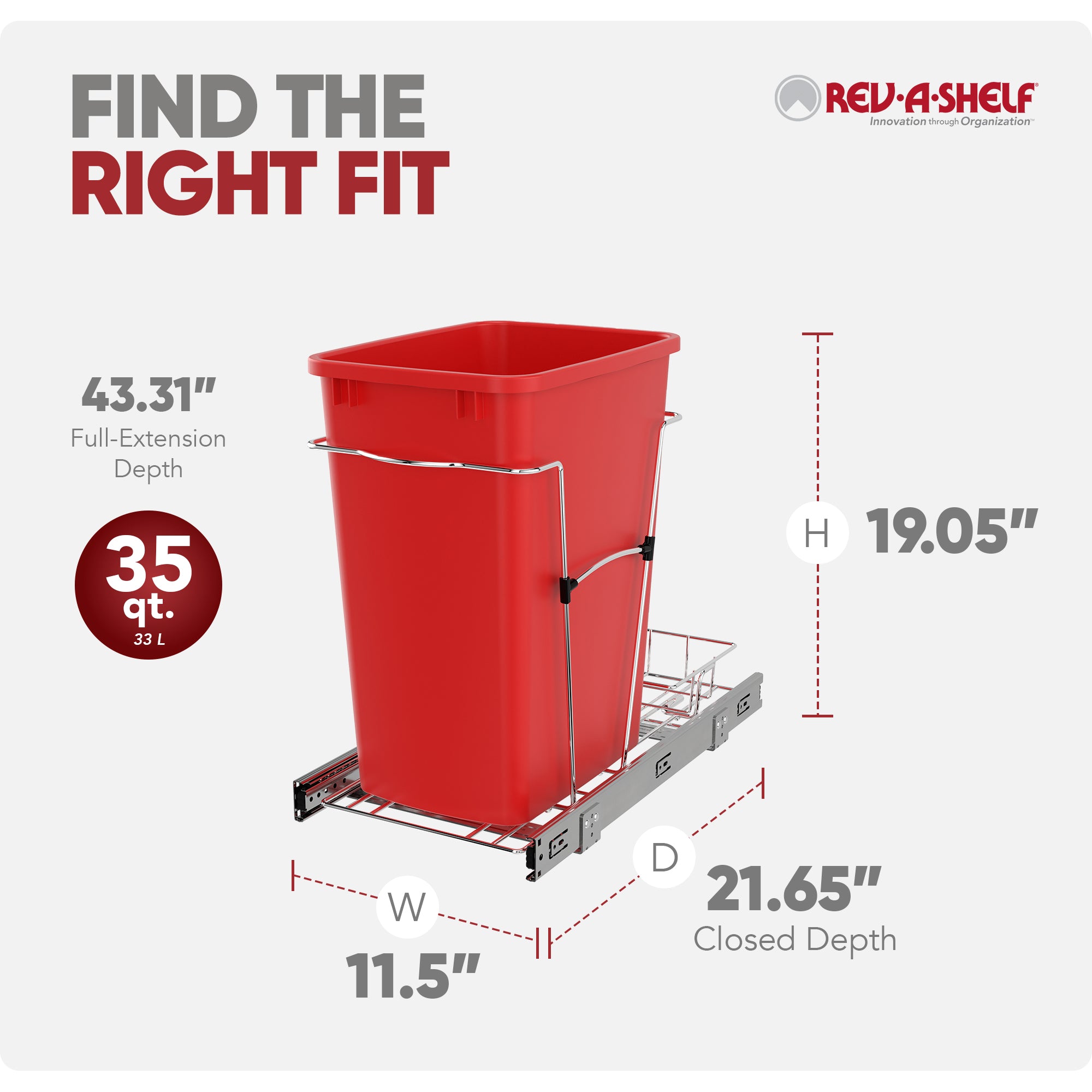 Rev-A-Shelf Pullout Trash Can 35 qt. for Kitchen Cabinets, Red, RV-12KD-16C-S